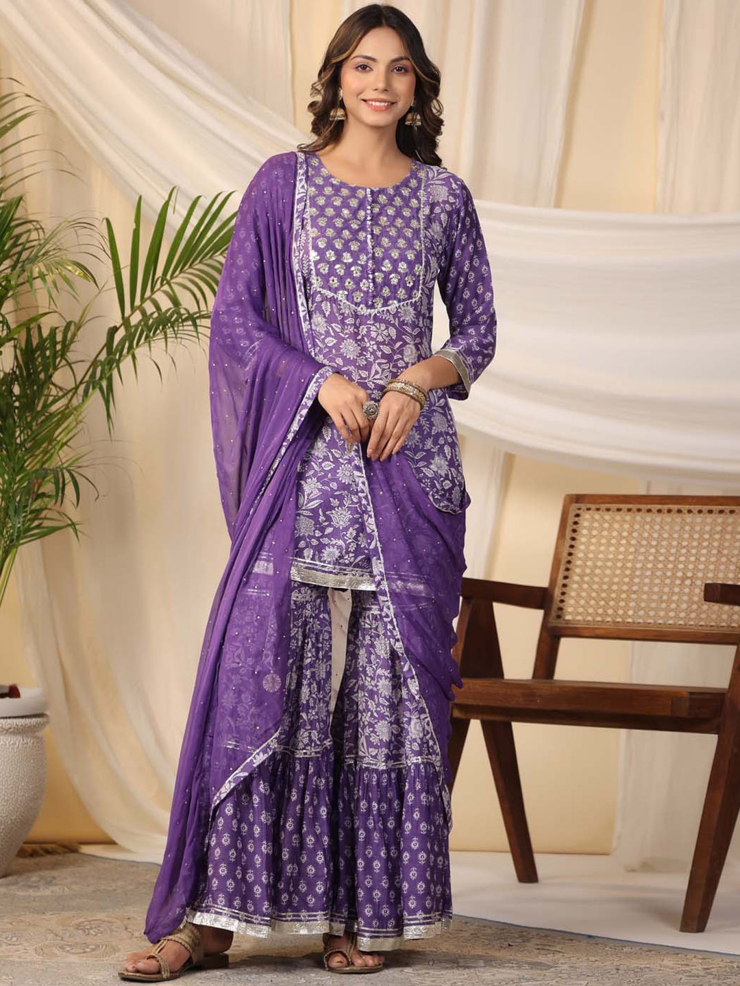 

Meena Bazaar Ethnic Motifs Printed Gotta Patti Kurta With Sharara & Dupatta, Purple