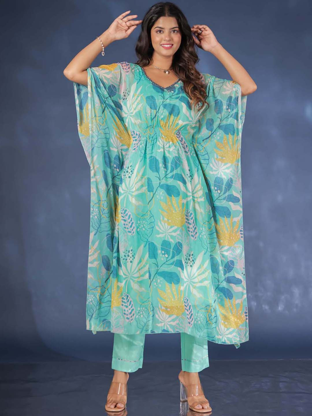 

Meena Bazaar Floral Printed Beads And Stones Kaftan Kurta With Trousers, Sea green
