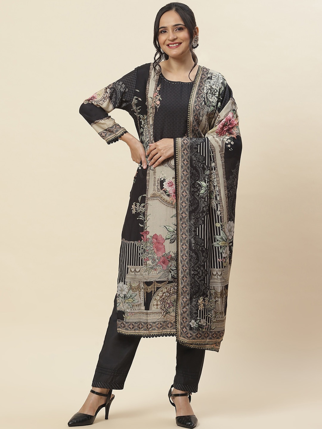 

Meena Bazaar Floral Printed Beads And Stones Kurta With Trousers & Dupatta, Black