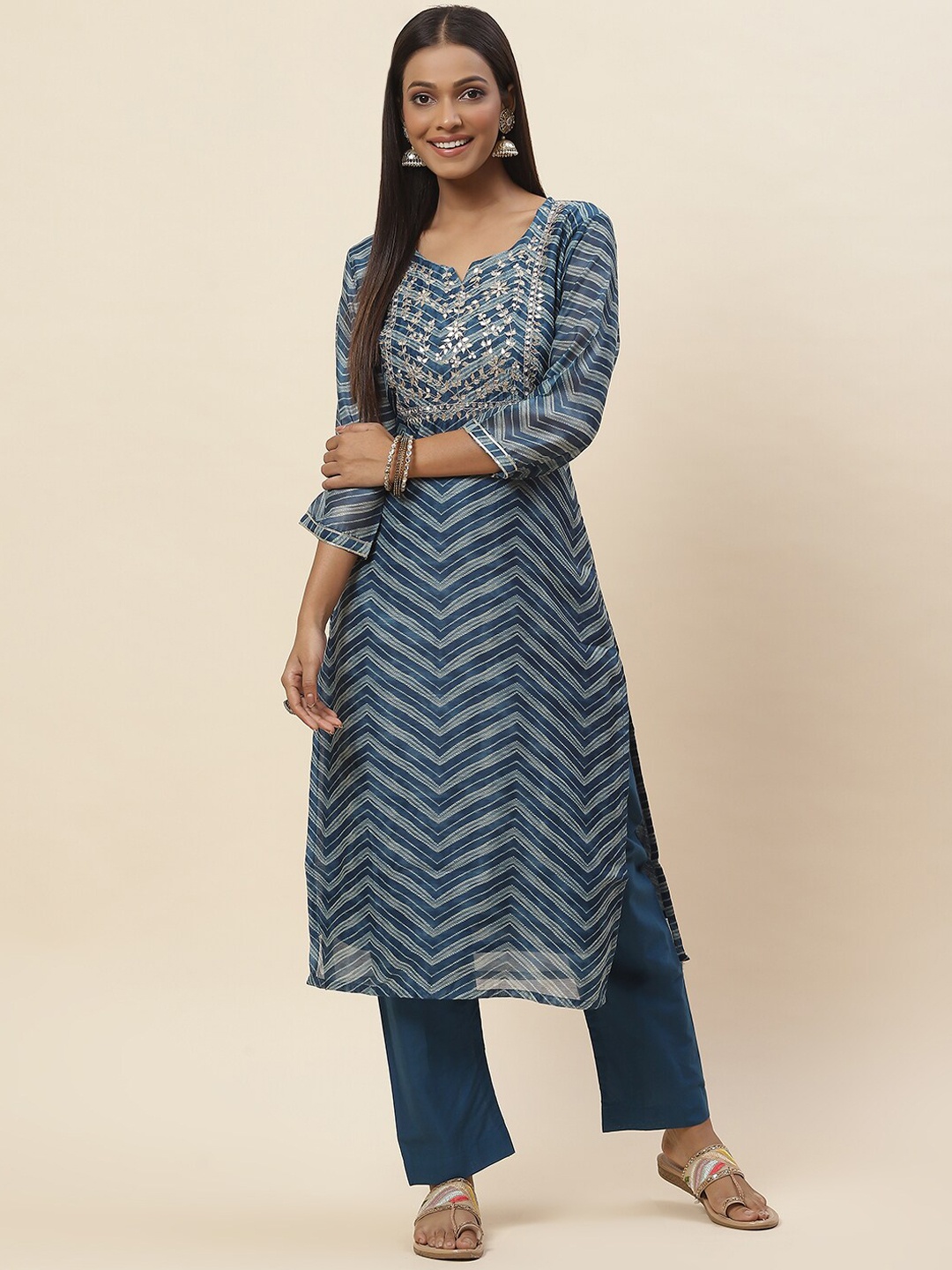 

Meena Bazaar Ethnic Motifs Yoke Design Kurta With Trousers, Blue