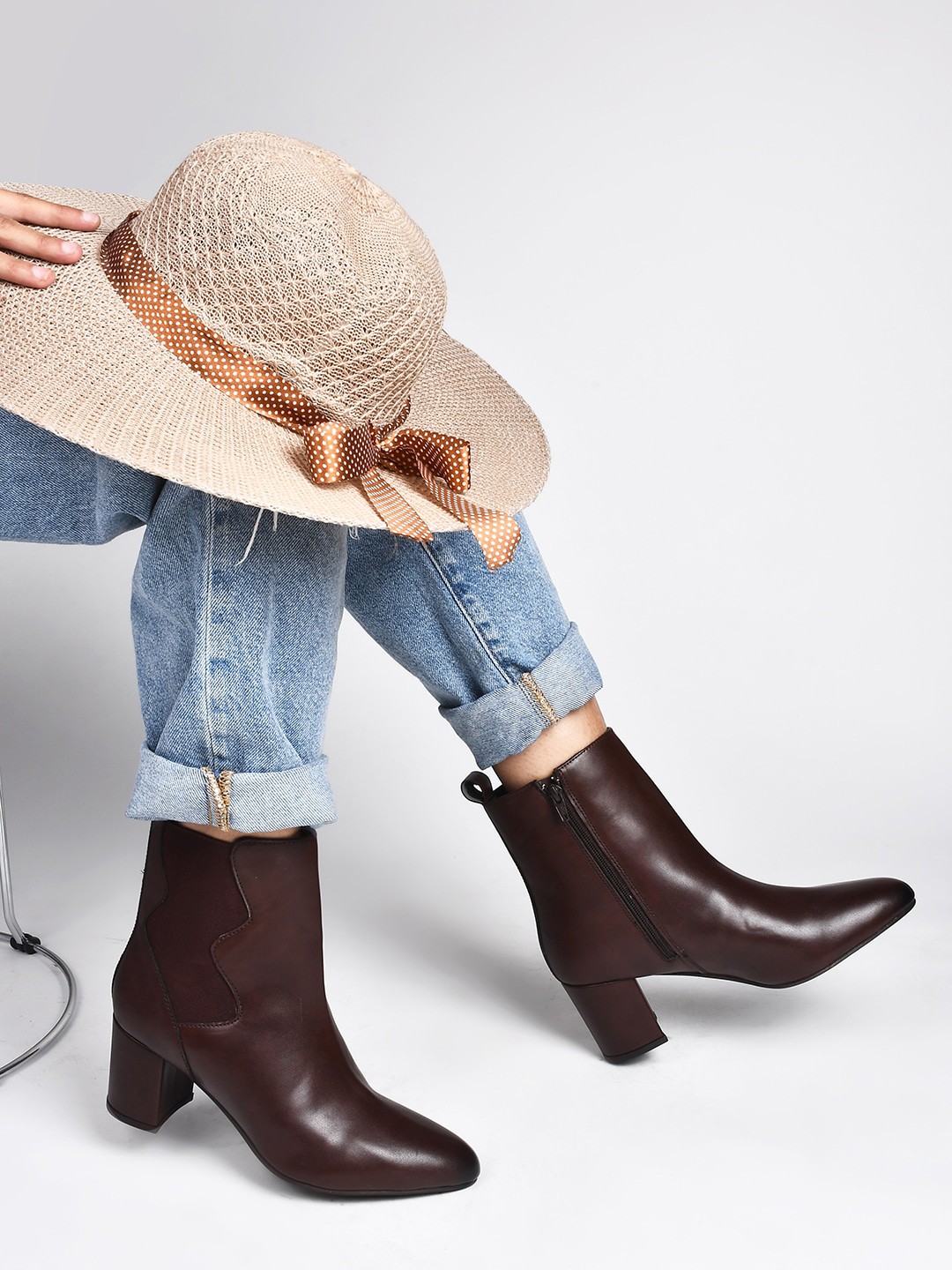 

SHUZ TOUCH Women Pointed Toe High Top Block Heel Regular Boots, Brown