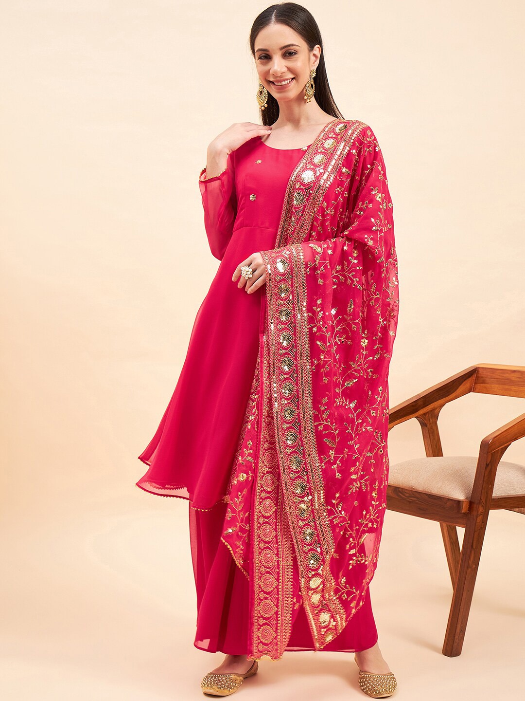 

KALINI Ethnic Motifs Embroidered Anarkali Sequinned Flared Kurta With Palazzos & Dupatta, Pink