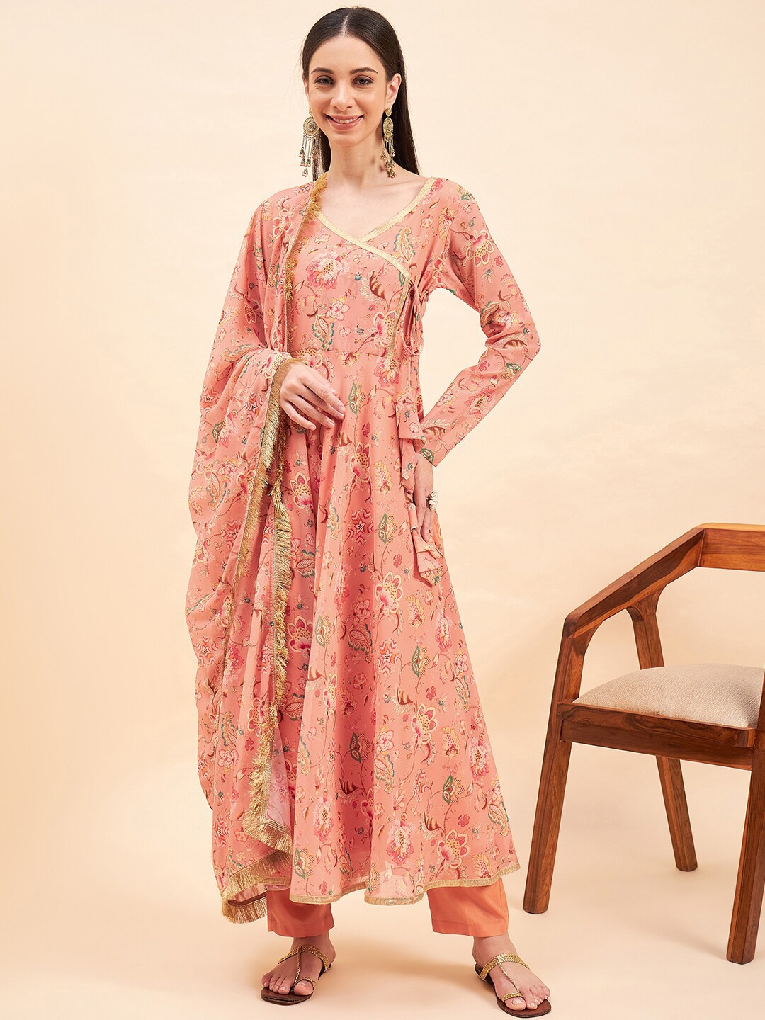 

KALINI Floral Printed Empire Anarkali Kurta with Trousers & Dupatta, Orange