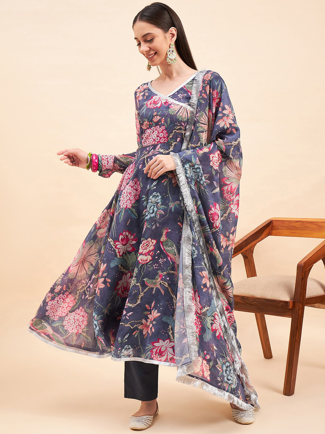 

KALINI Floral Printed V-Neck Empire Anarkali Kurta With Trousers & Dupatta, Grey