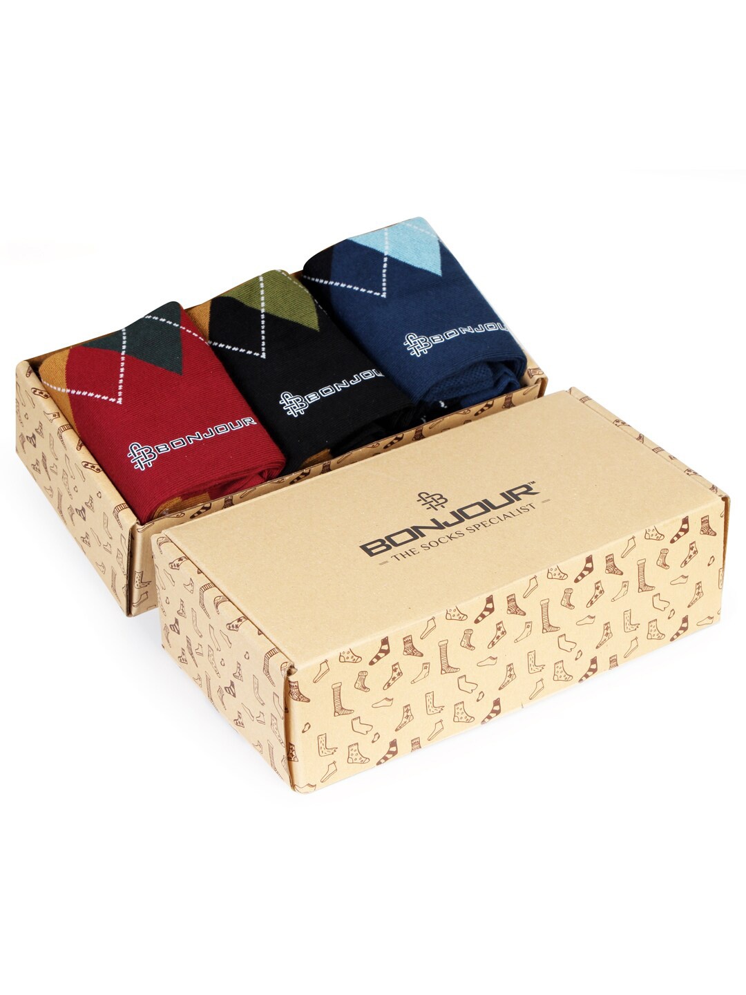 

Bonjour Men Assorted Pack of 3 Patterned Pure Cotton Ankle Length Socks