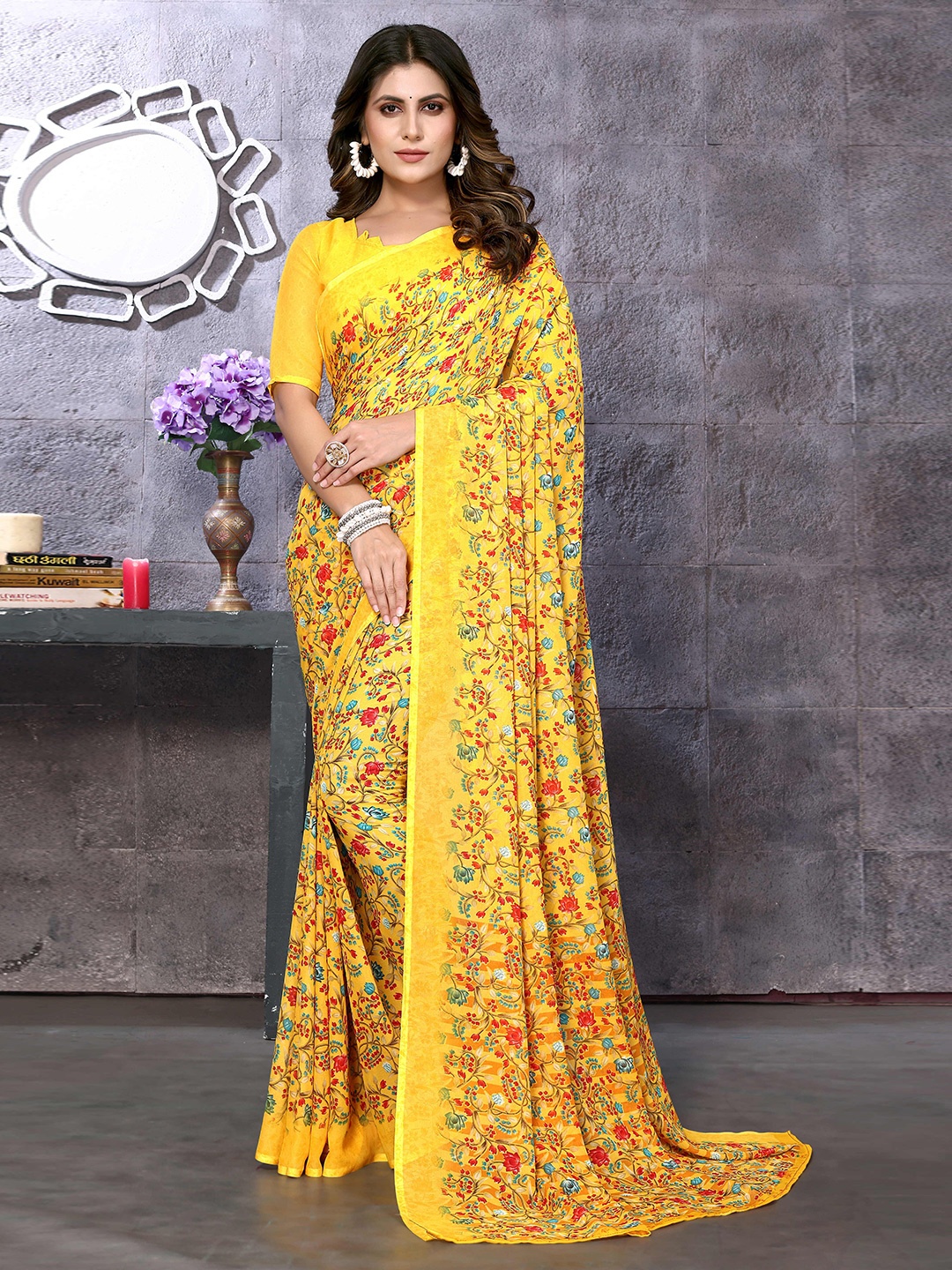 

Yashika Floral Printed Poly Georgette Saree, Yellow