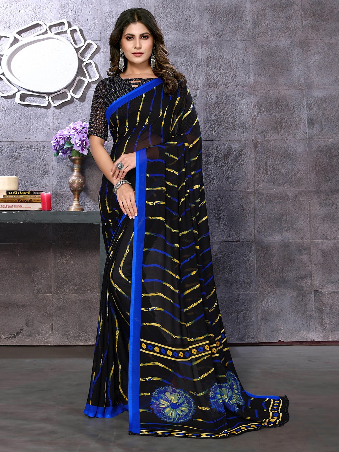 

Yashika Striped Solid Border Saree, Black