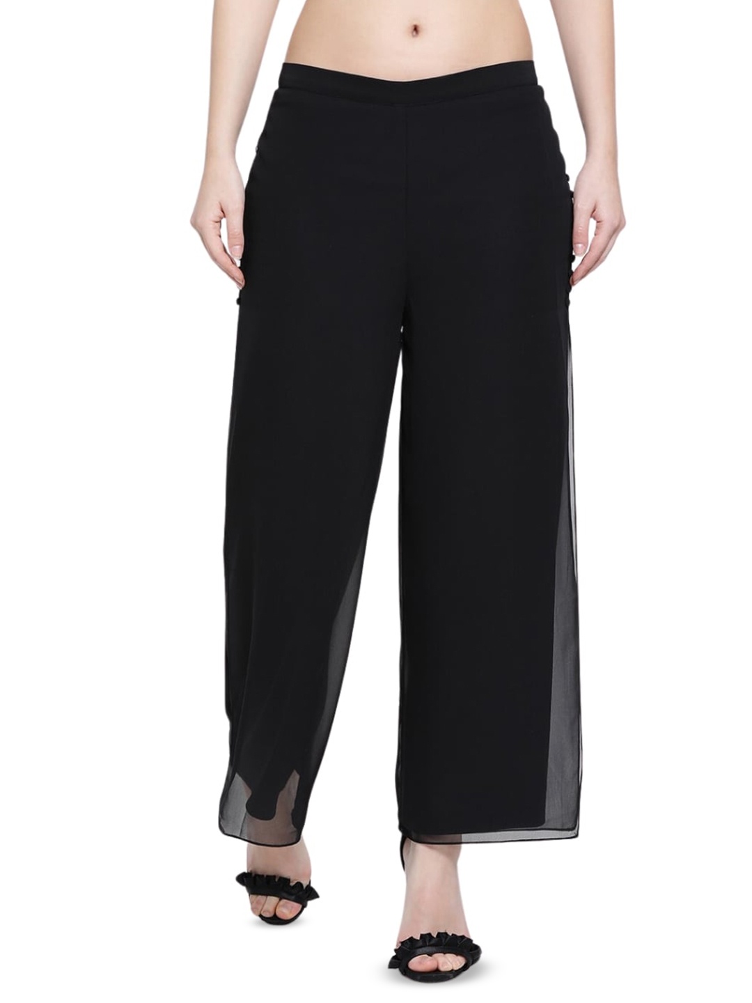 

OFFICE & YOU Georgette Palazzos With Slit and Buttons, Black