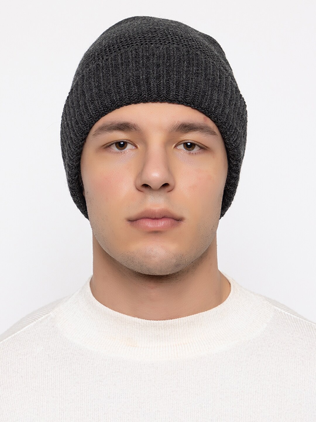

513 Men Self Design Acrylic Beanie, Charcoal