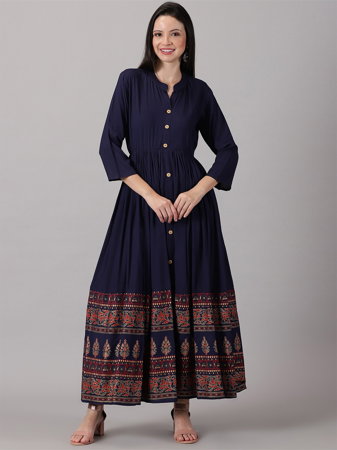 

PURSHOTTAM WALA Black Ethnic Motifs Print Mandarin Collar Fit and Flare Maxi Ethnic Dress, Navy blue