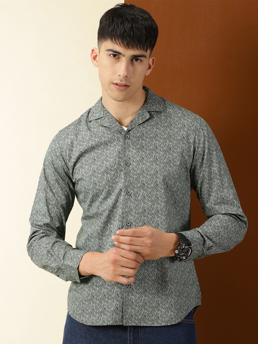 

Thomas Scott Classic Floral Printed Cuban Collar Cotton Casual Shirt, Green
