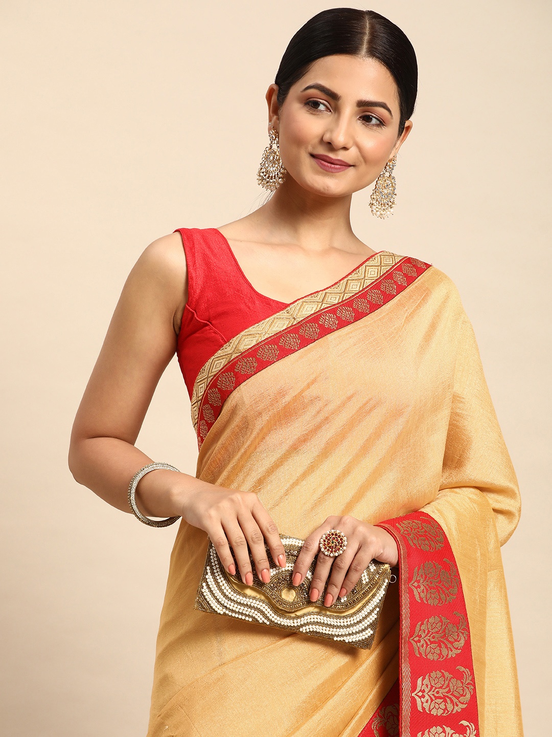 

HERE&NOW Solid Art Silk Saree, Beige
