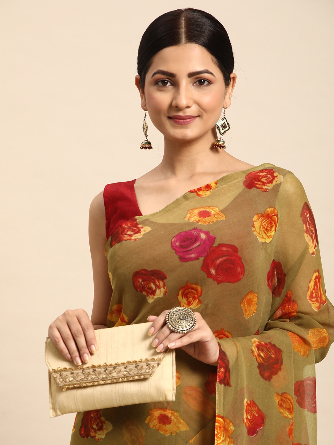 

HERE&NOW Floral Pure Georgette Saree, Taupe
