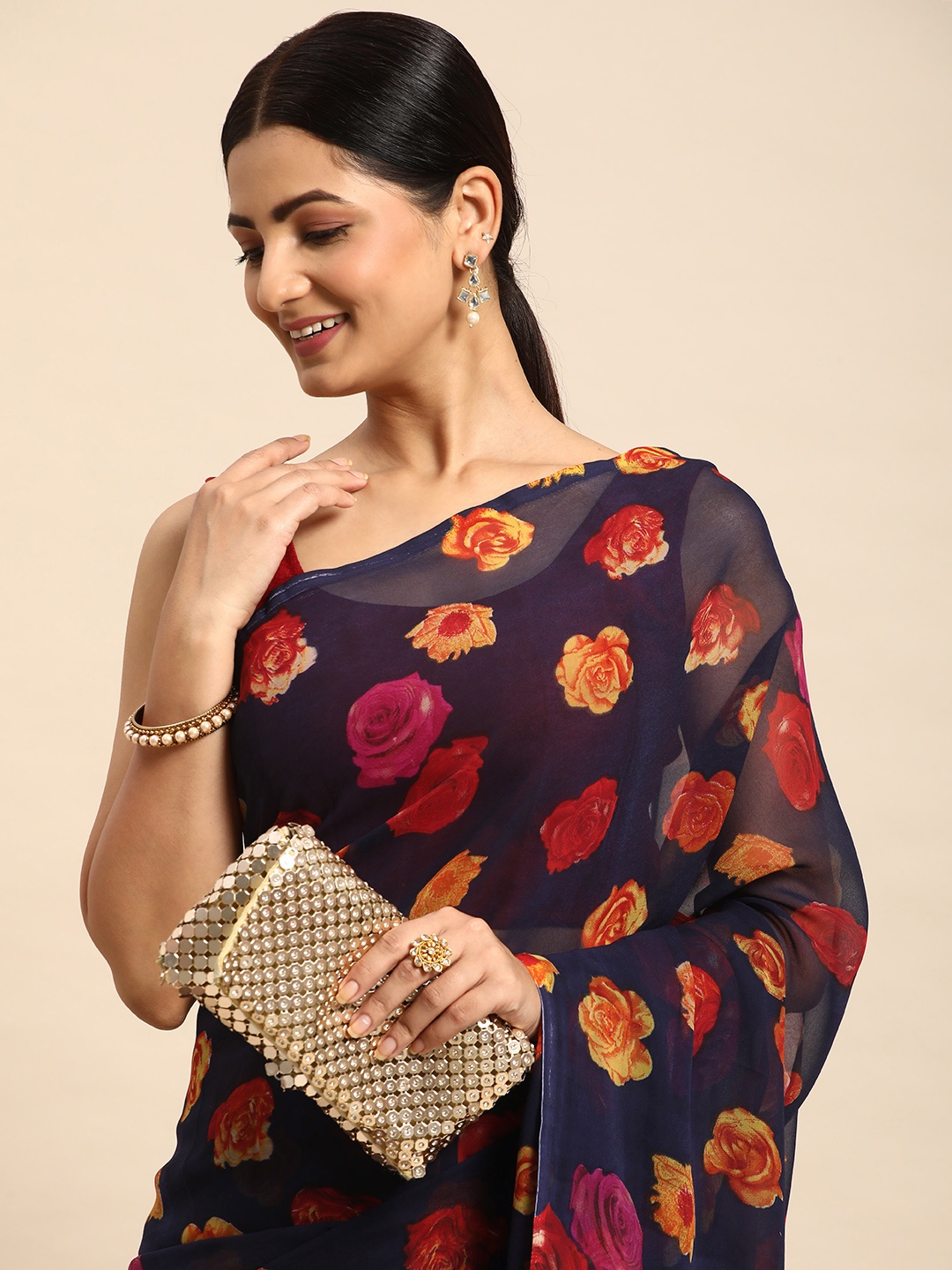 

HERE&NOW Floral Pure Georgette Saree, Navy blue