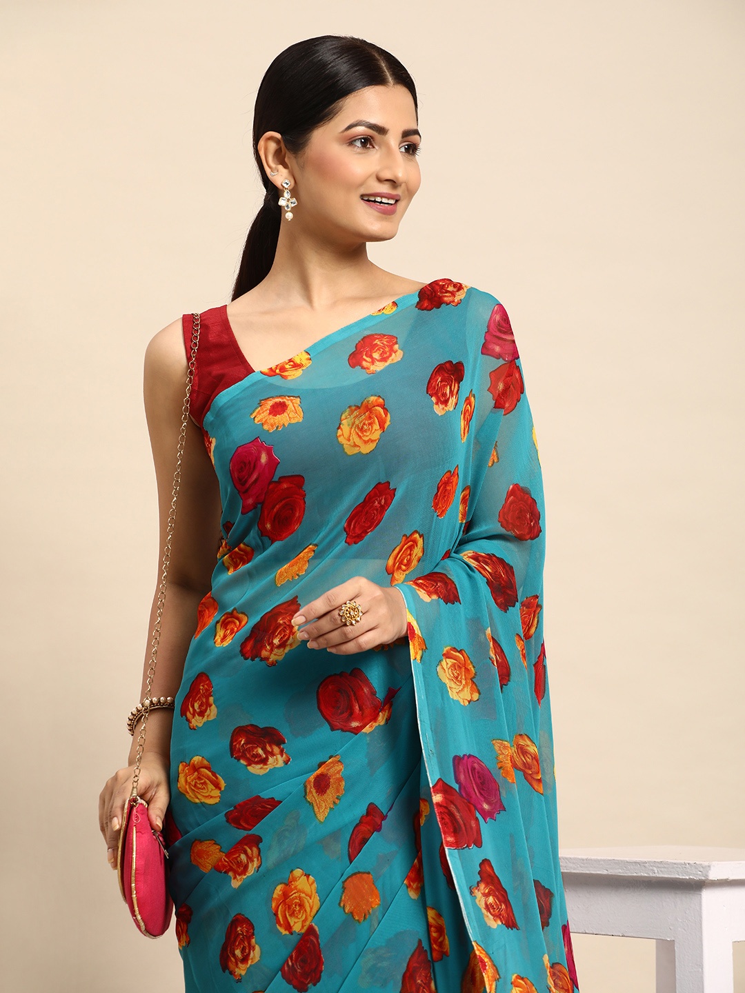 

HERE&NOW Floral Pure Georgette Saree, Turquoise blue