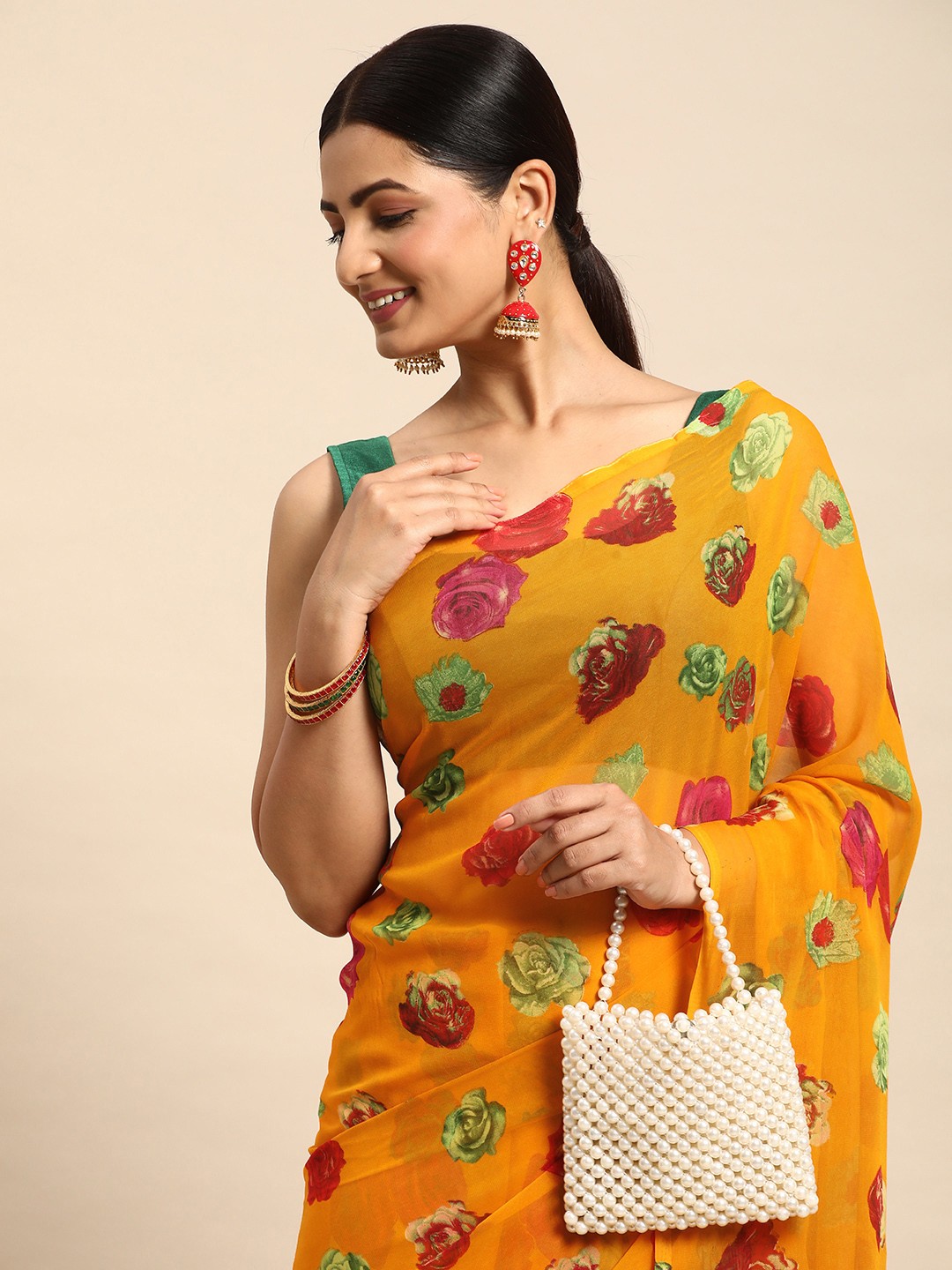 

HERE&NOW Floral Pure Georgette Saree, Yellow