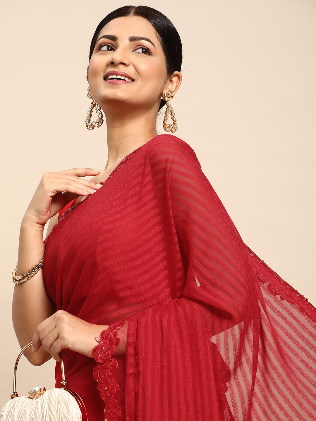 

HERE&NOW Striped Sequinned Pure Georgette Saree, Red