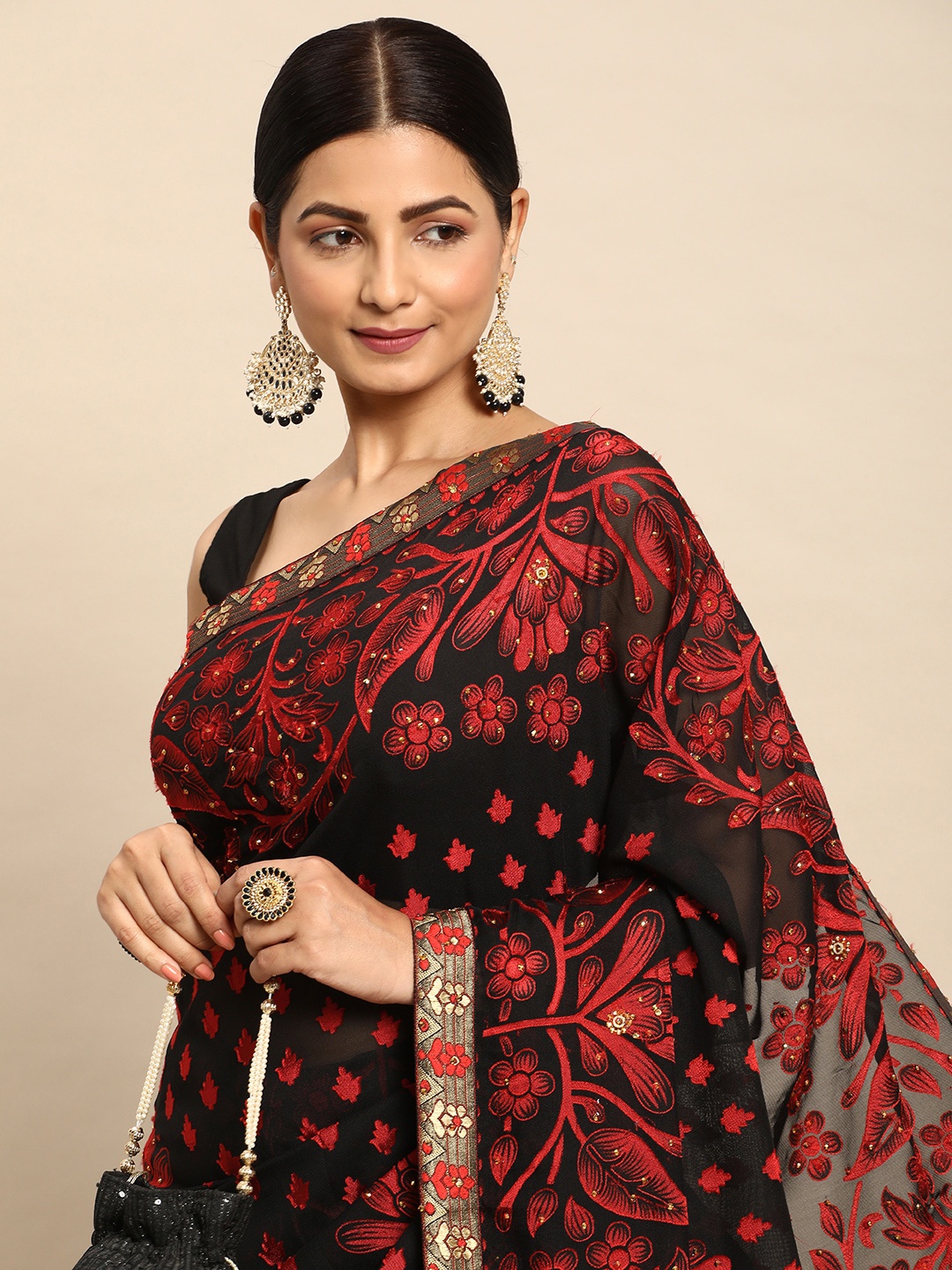 

HERE&NOW Ethnic Motifs Brasso Saree, Black