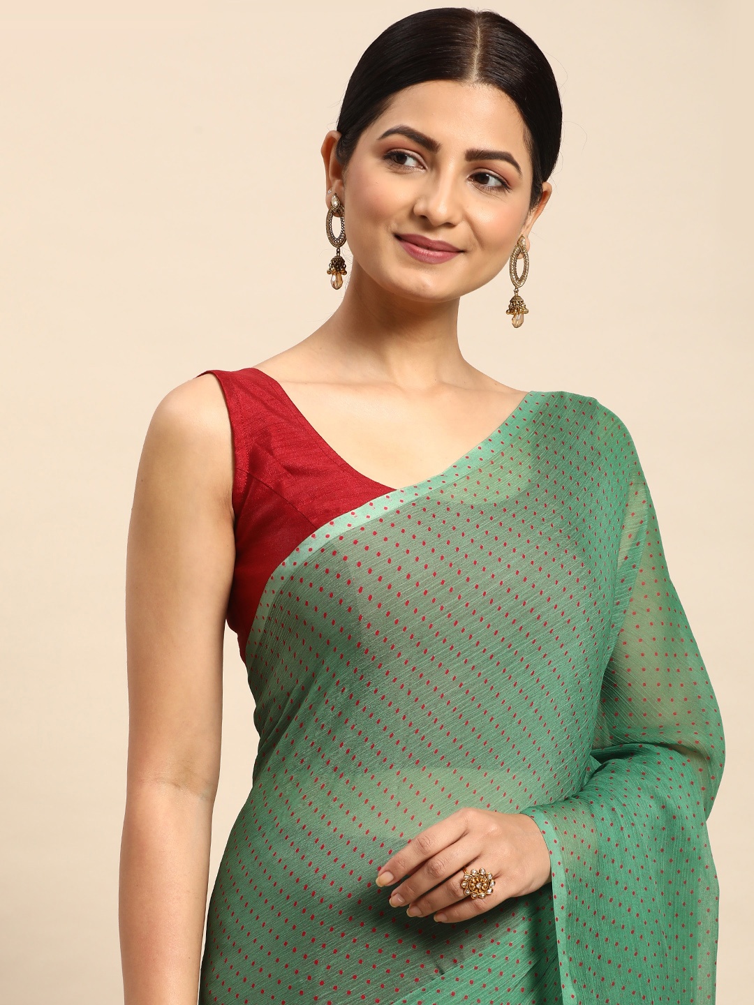 

HERE&NOW Printed Pure Georgette Half and Half Saree, Green