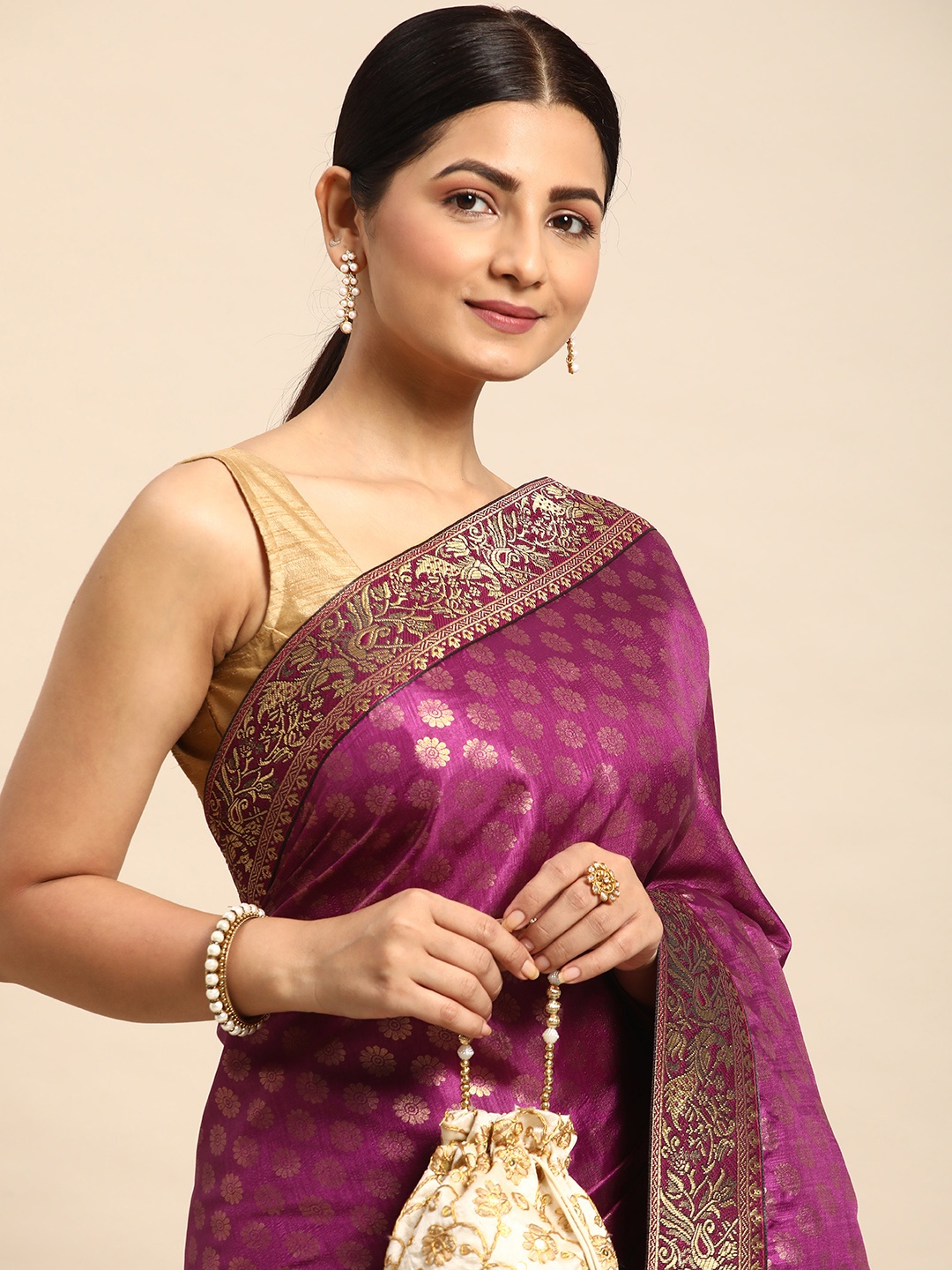 

HERE&NOW Floral Zari Art Silk Saree, Purple