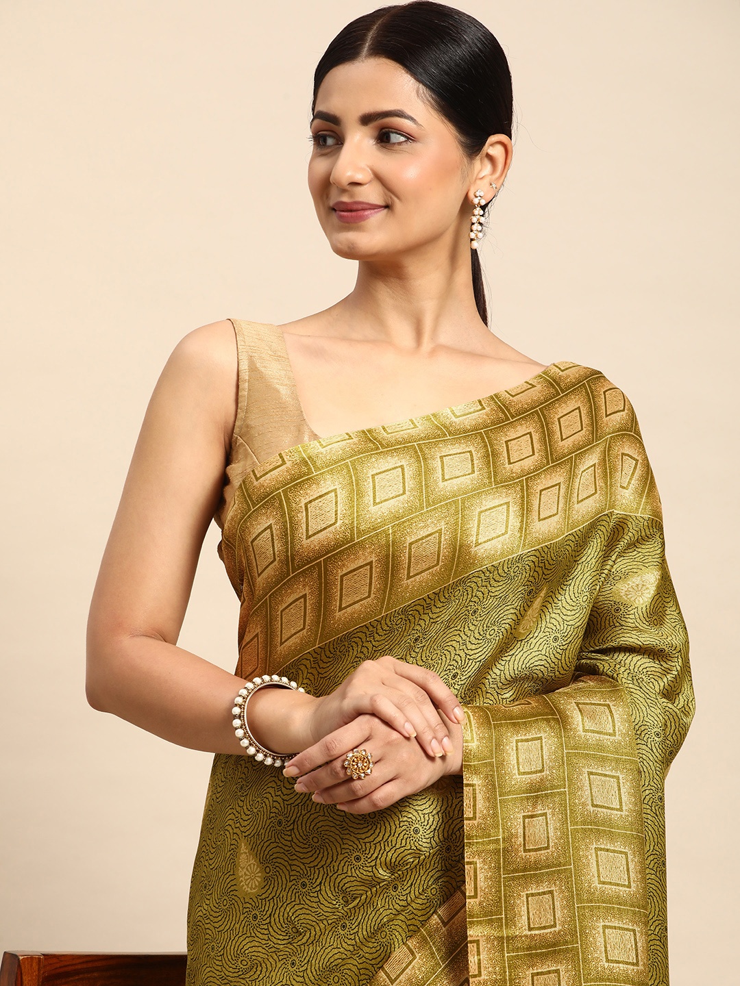 

HERE&NOW Ethnic Motifs Pure Cotton Saree, Green