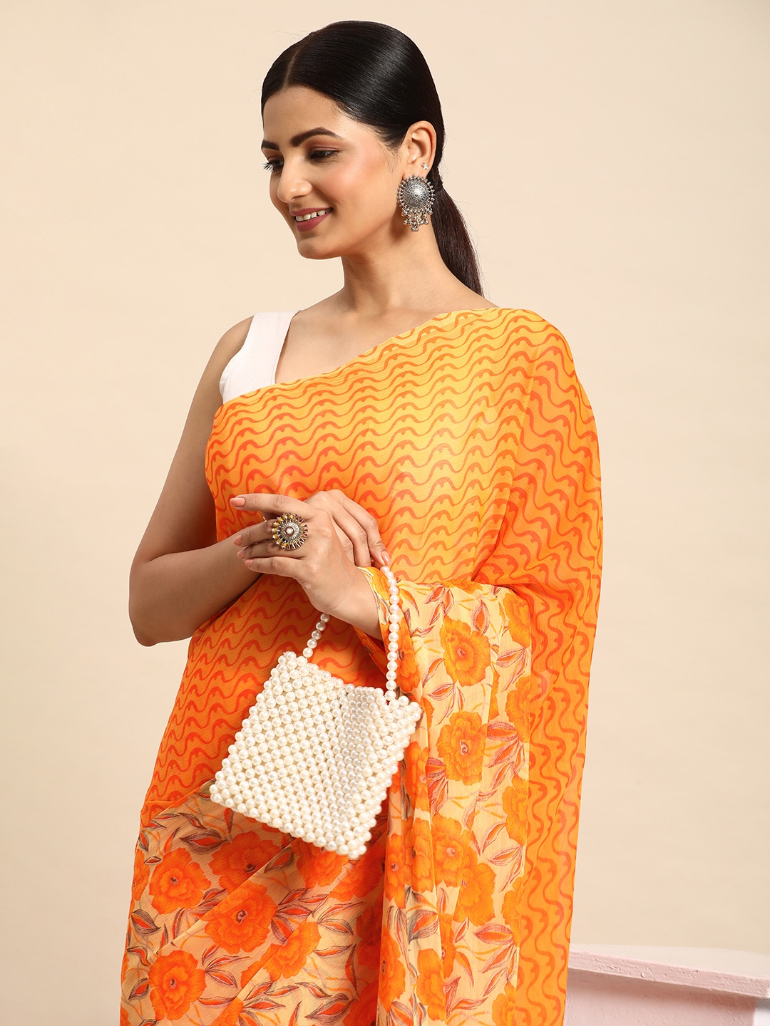 

HERE&NOW Floral Pure Georgette Saree, Orange