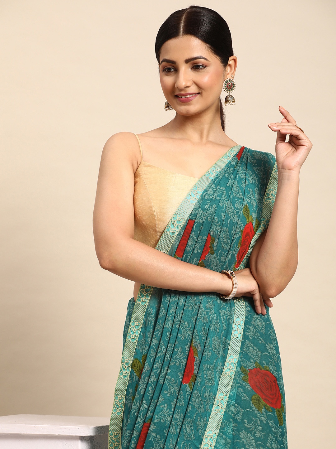 

HERE&NOW Floral Pure Georgette Saree, Turquoise blue