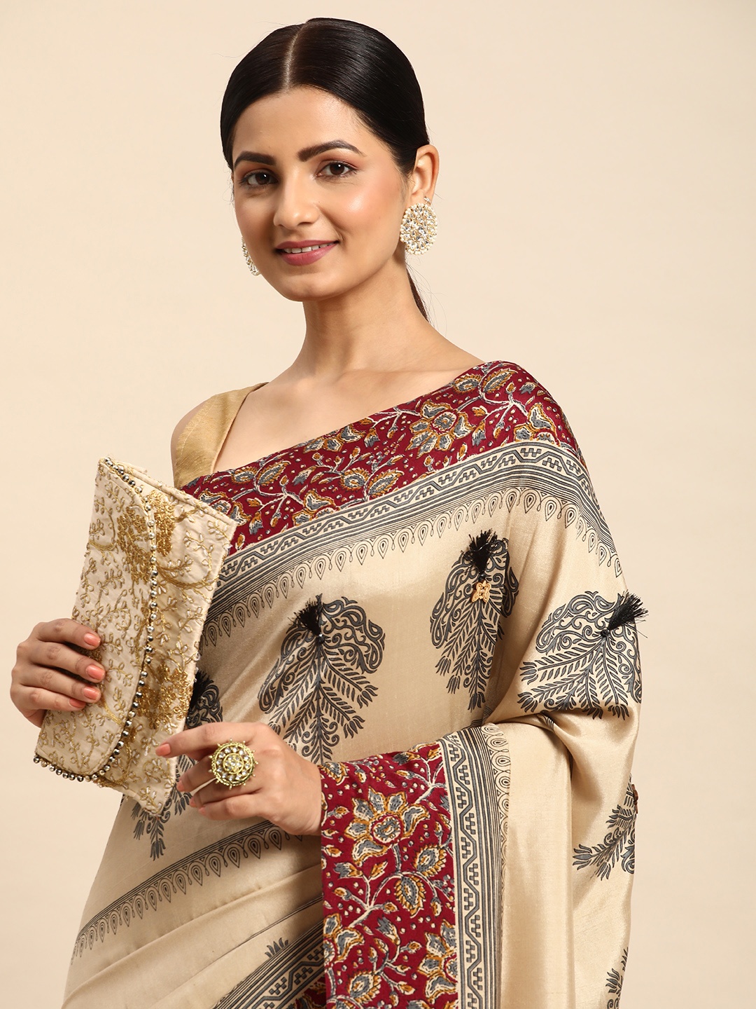 

HERE&NOW Ethnic Motifs Pure Cotton Saree, Off white