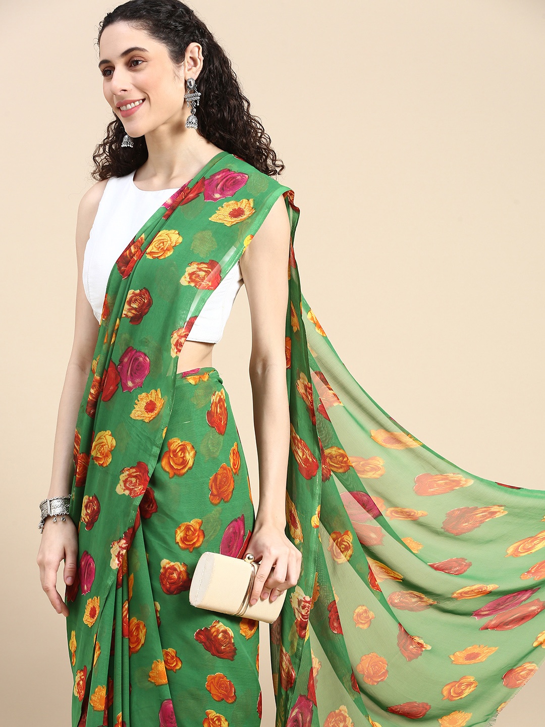 

HERE&NOW Floral Printed Pure Georgette Saree, Green
