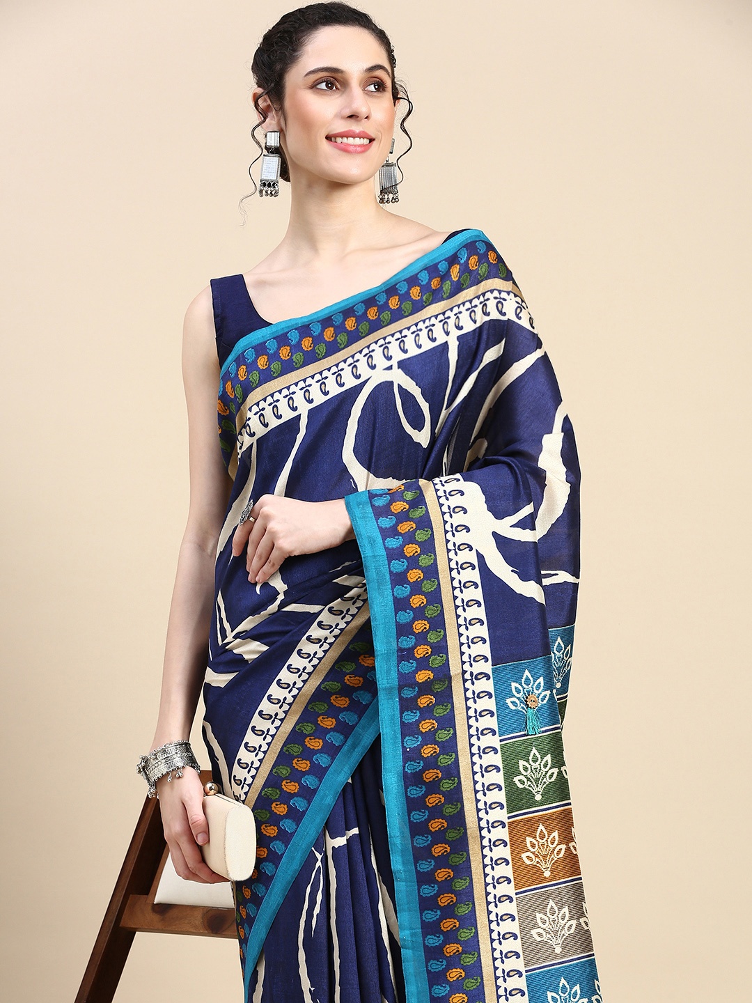 

HERE&NOW Abstract Printed Pure Cotton Saree, Navy blue