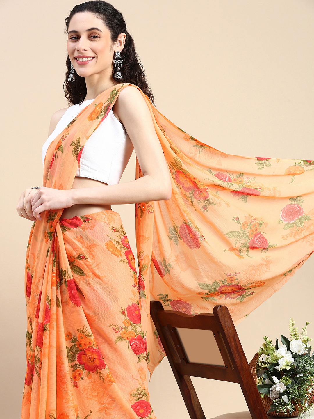 

HERE&NOW Floral Printed Pure Georgette Saree, Peach