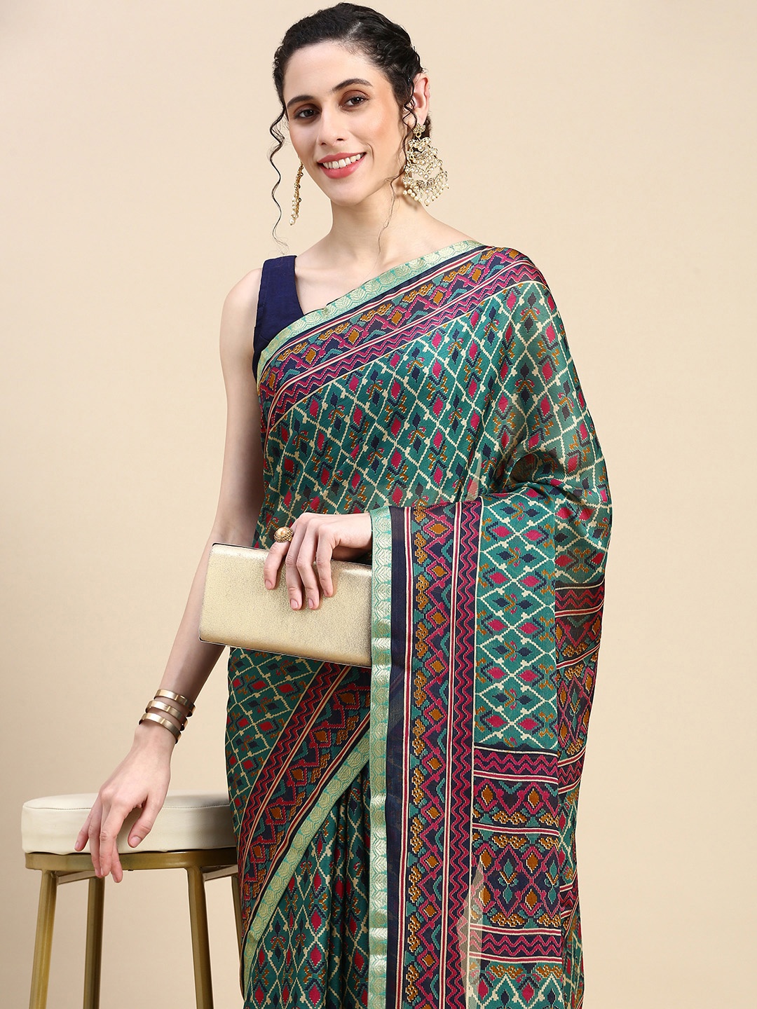 

HERE&NOW Abstract Printed Saree, Teal