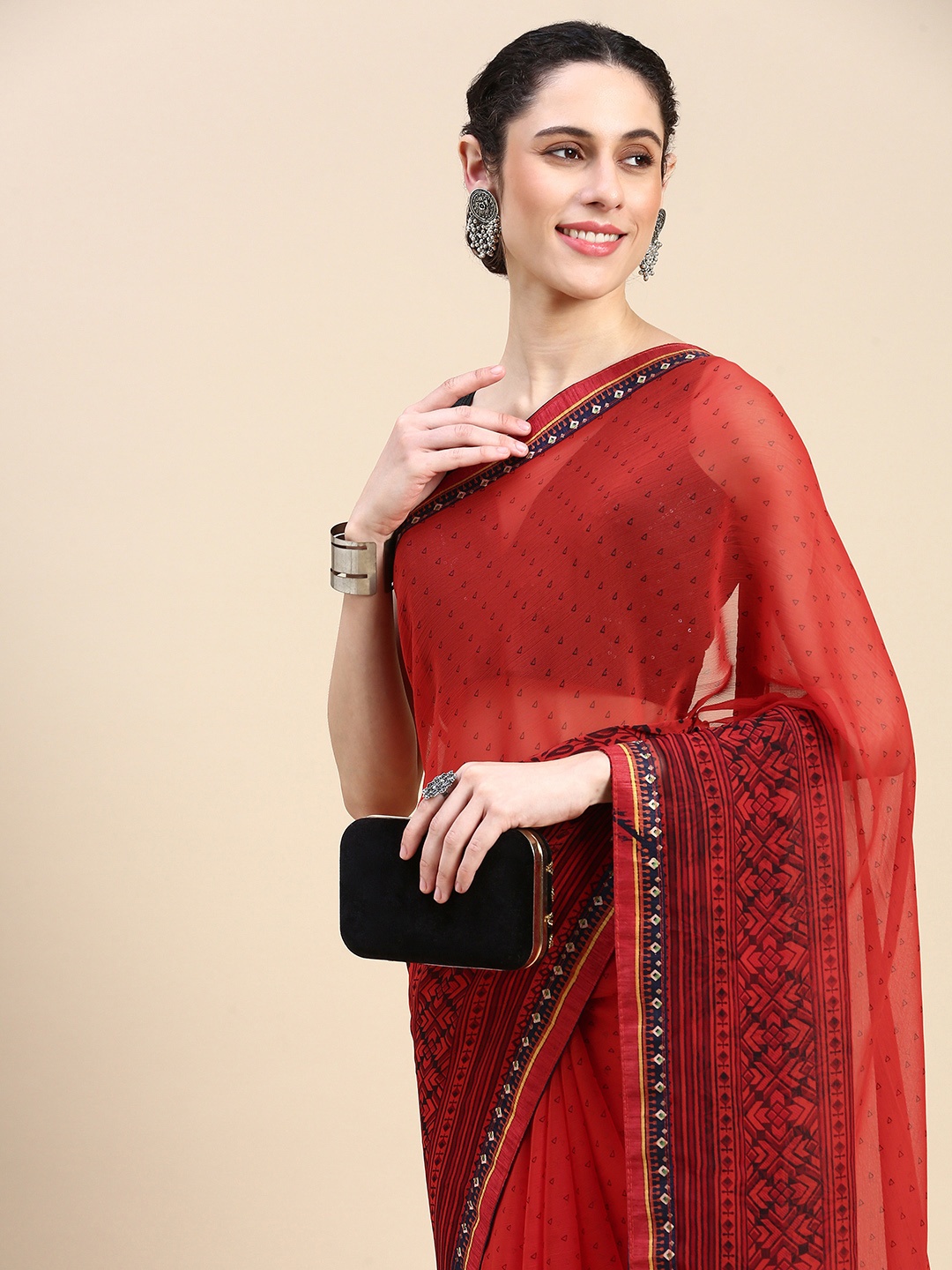 

HERE&NOW Abstract Printed Pure Georgette Saree, Red