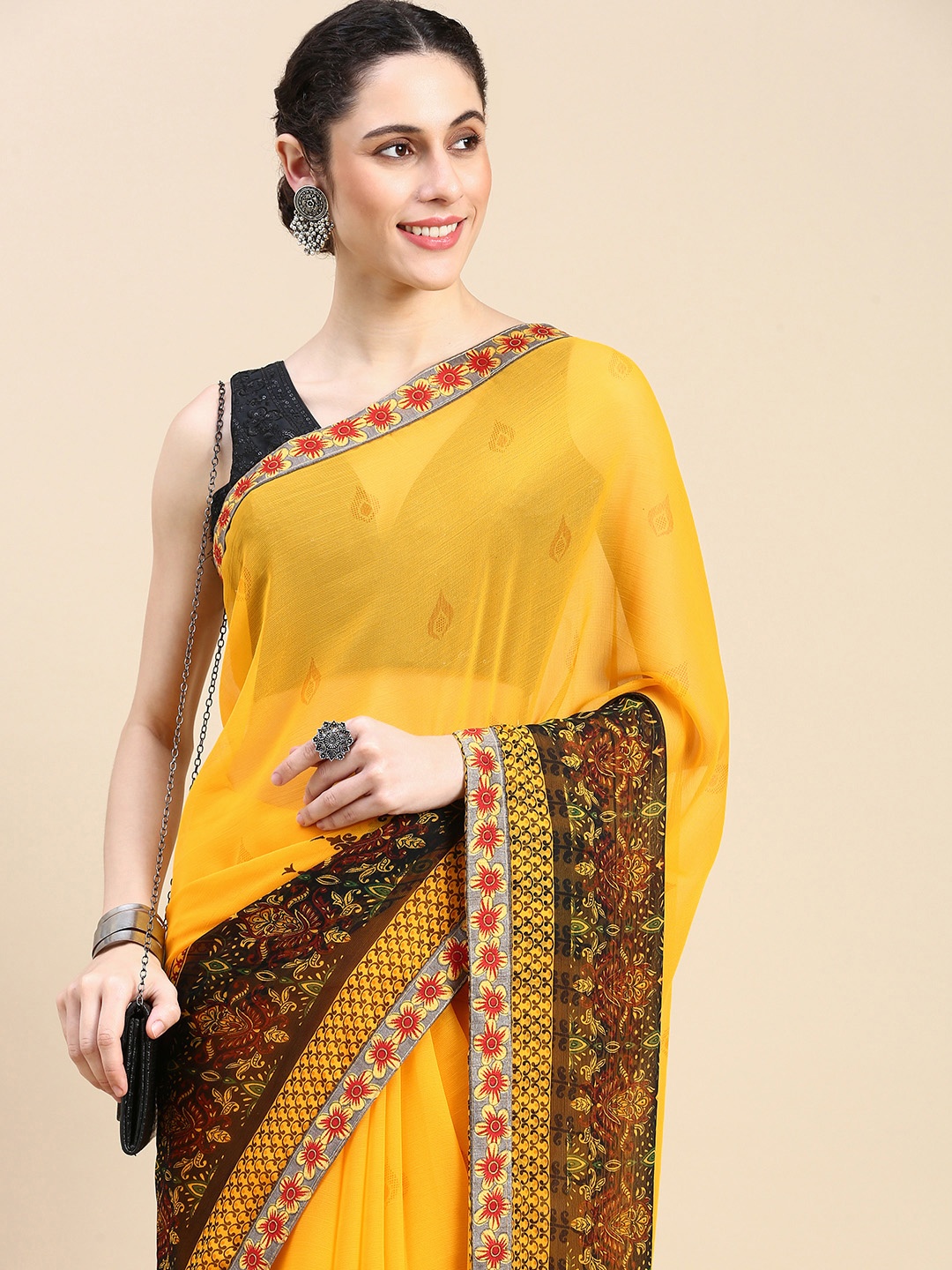 

HERE&NOW Ethnic Motifs Printed Pure Georgette Saree, Yellow