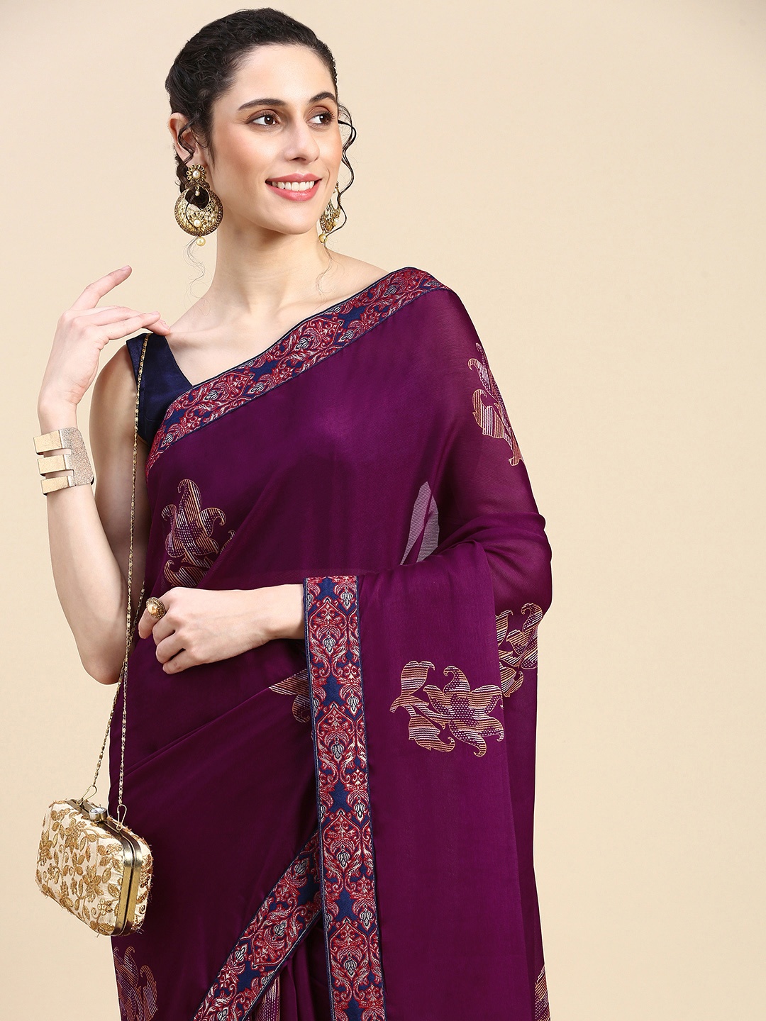 

HERE&NOW Floral Sequinned Silk Blend Saree, Purple