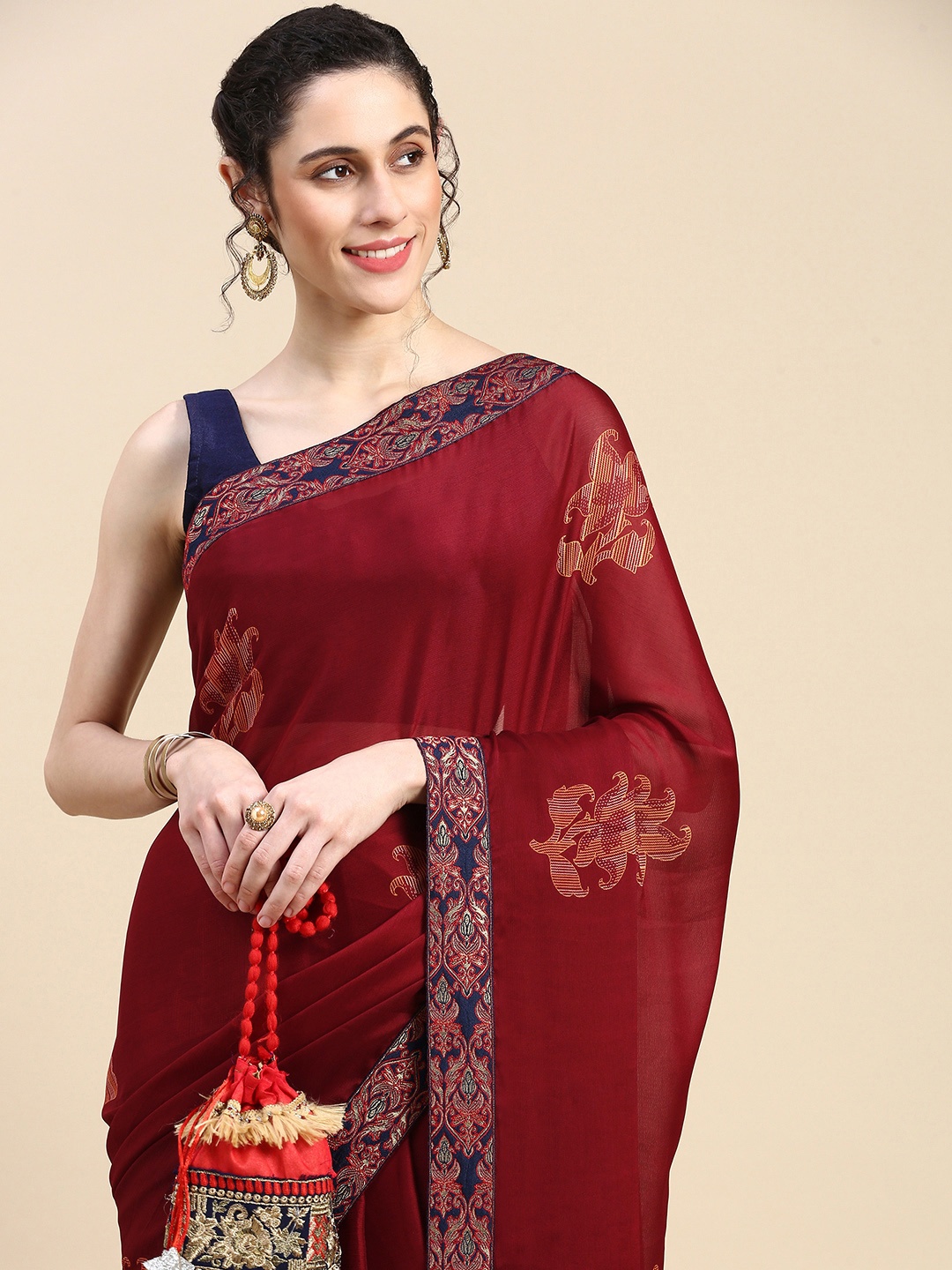 

HERE&NOW Floral Zari Silk Blend Saree, Red