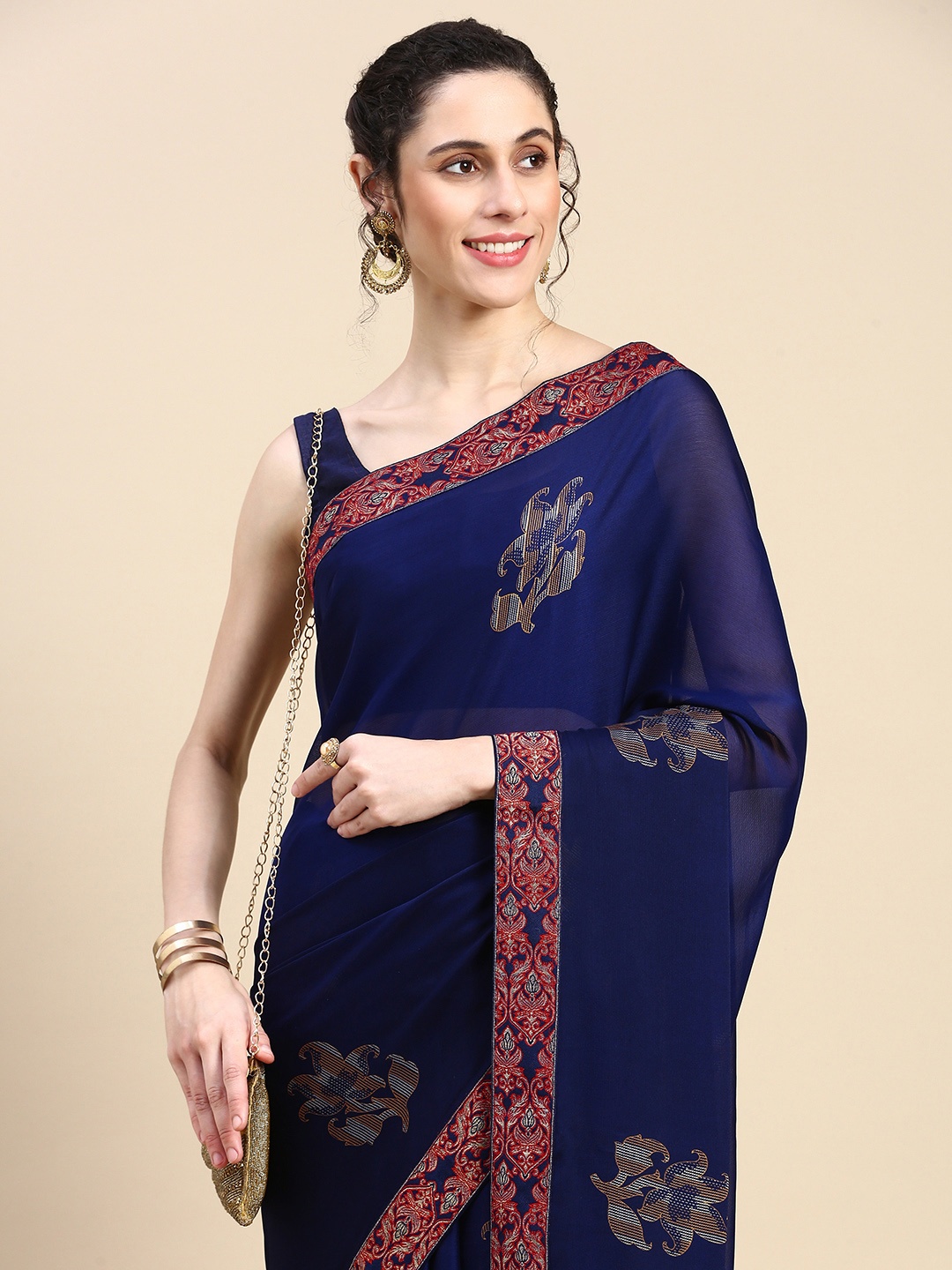 

HERE&NOW Floral Zari Silk Blend Saree, Navy blue