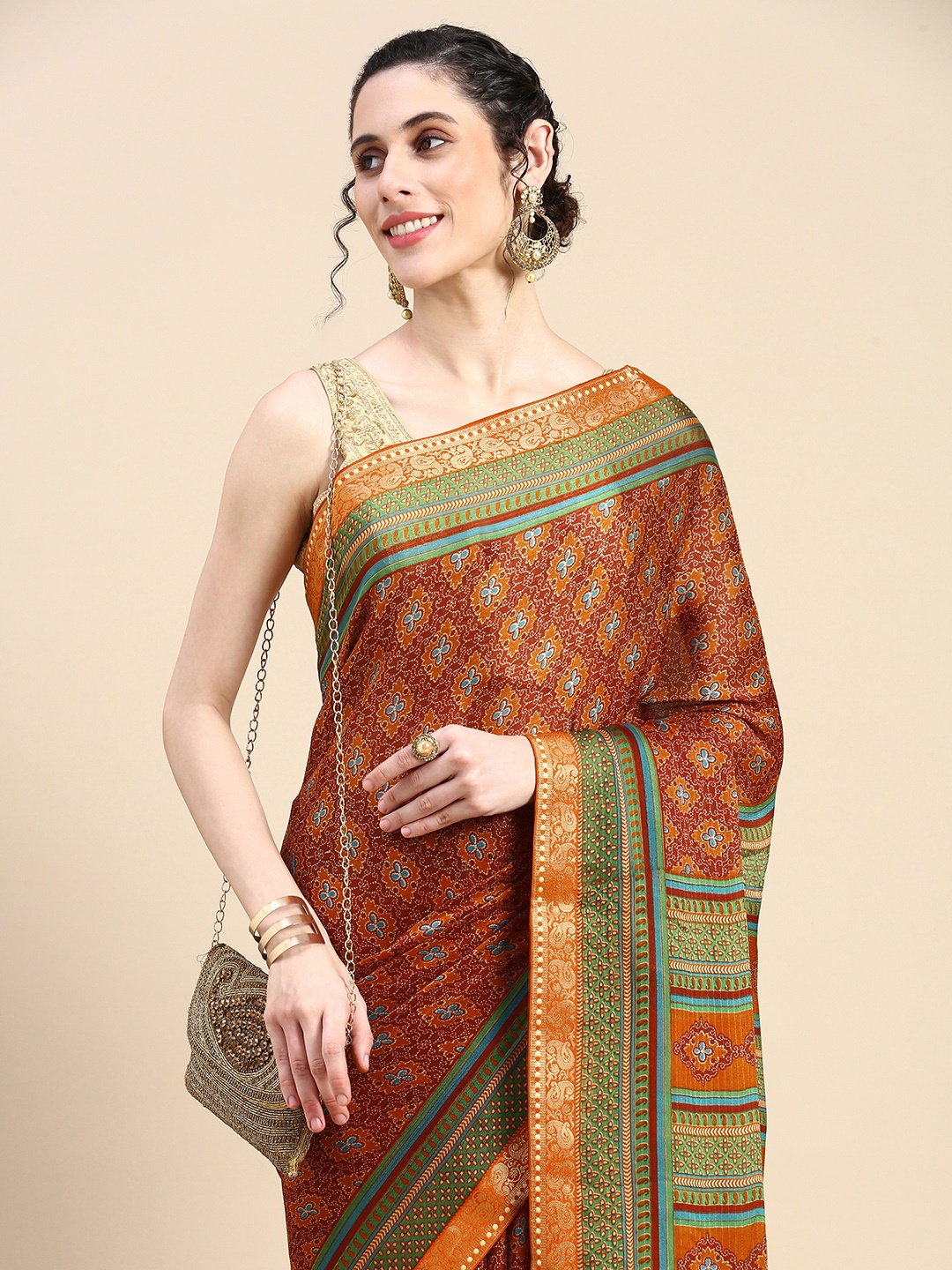 

HERE&NOW Ethnic Motifs Silk Blend Saree, Brown