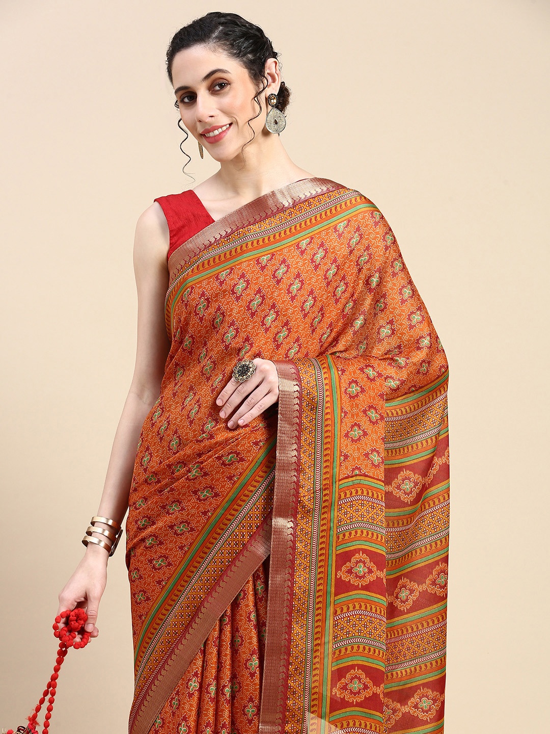 

HERE&NO Ethnic Motifs Zari Silk Blend Saree, Orange