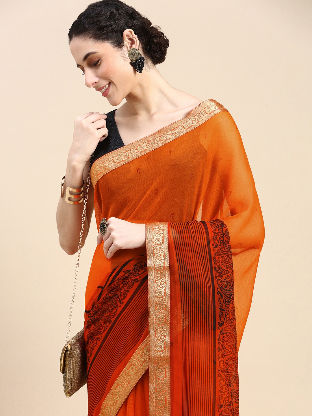 

HERE&NOW Paisley Zari Pure Georgette Saree, Orange