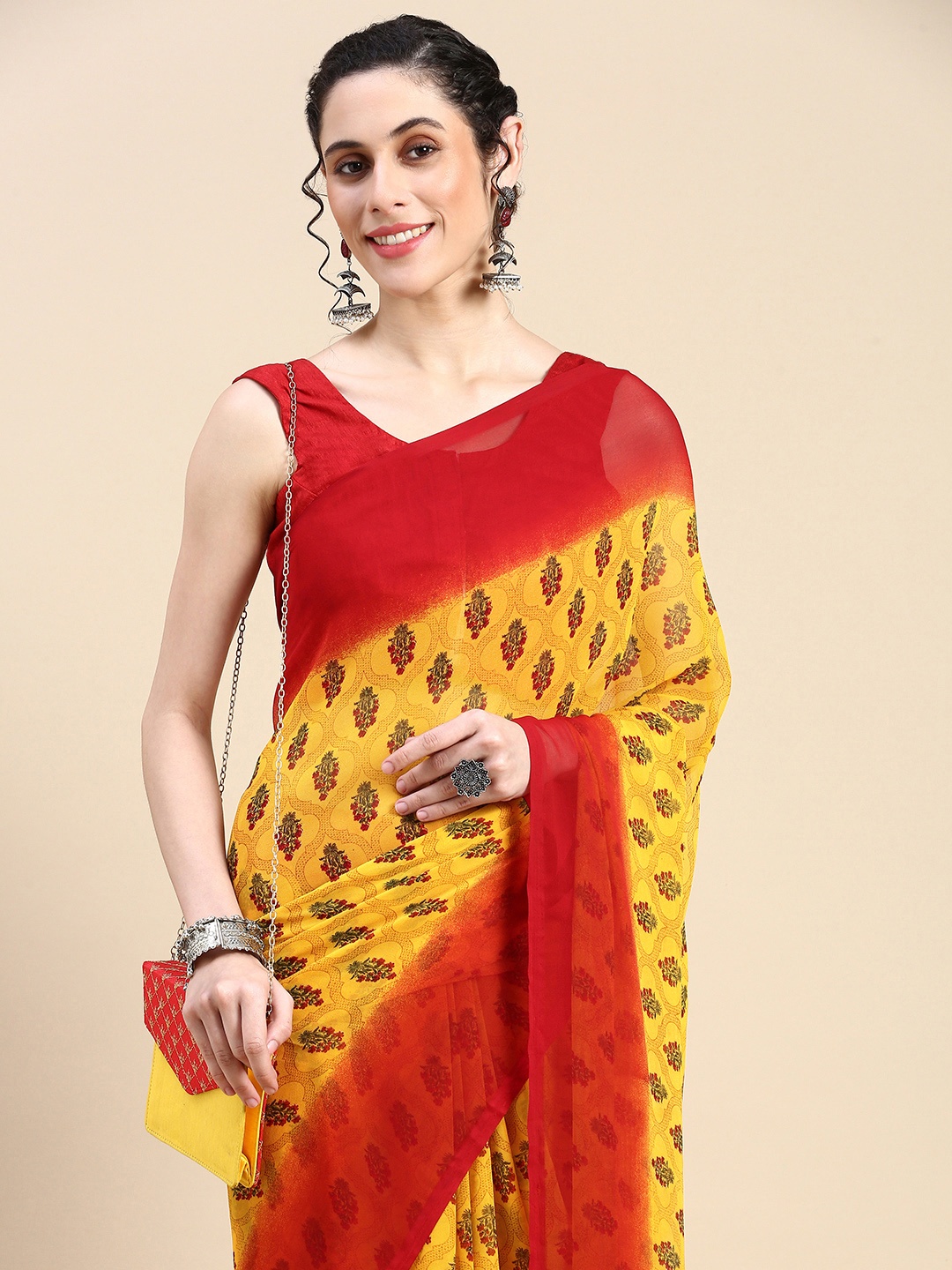 

HERE&NOW Ethnic Motifs Printed Pure Georgette Saree, Yellow