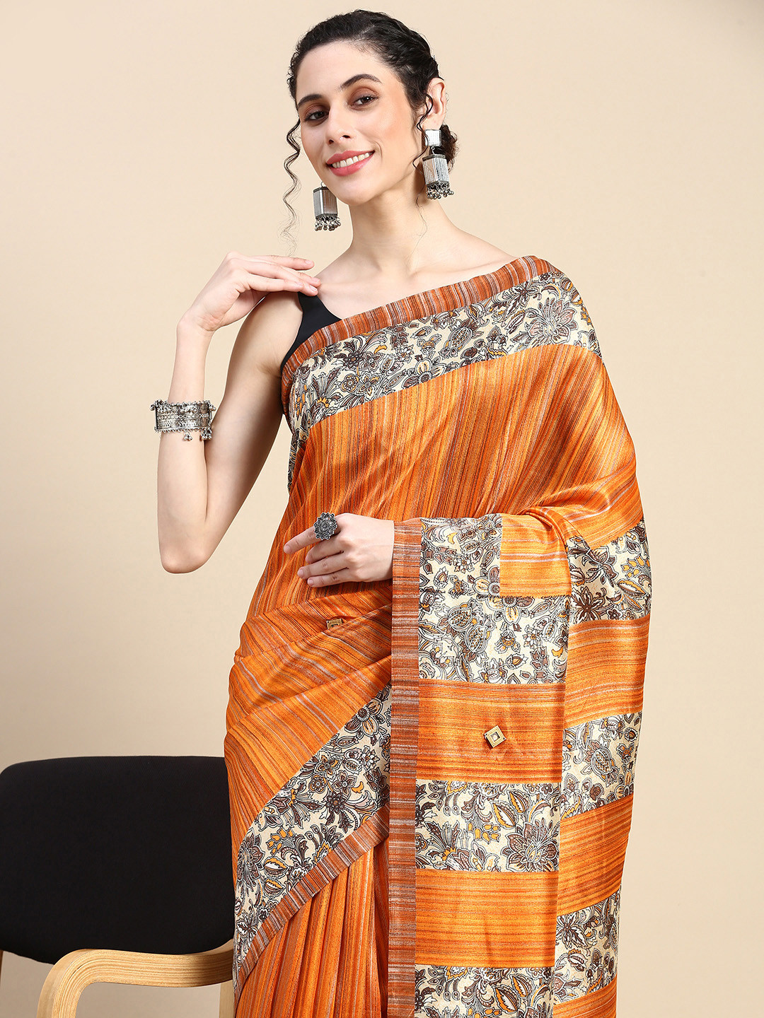 

HERE&NOW Striped Pure Cotton Saree, Orange