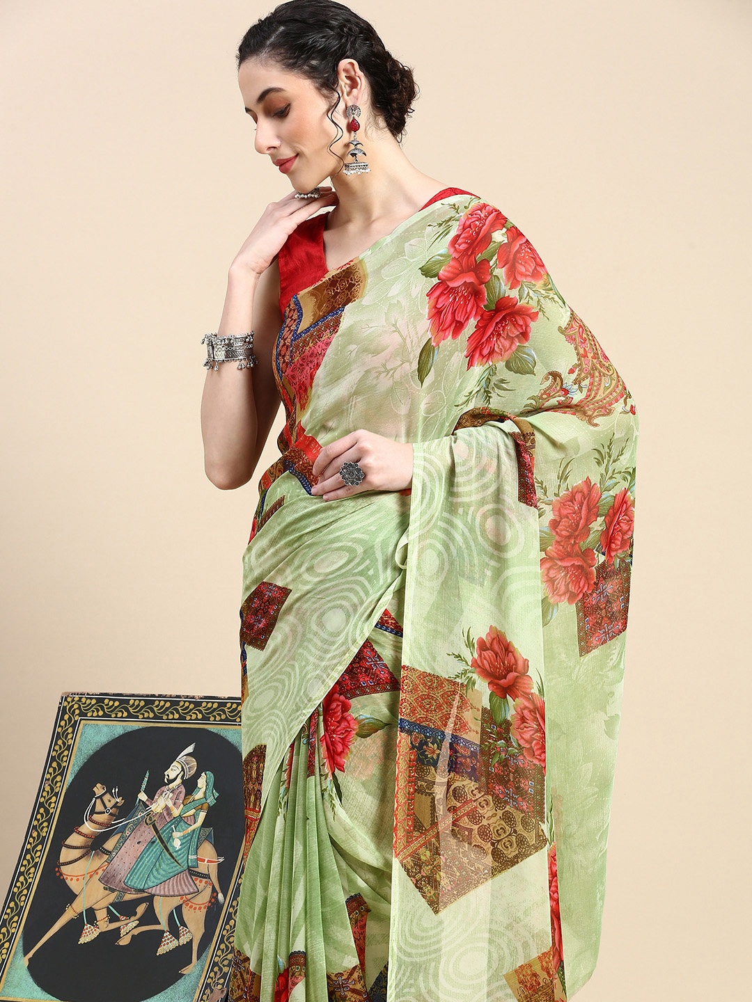 

HERE&NOW Floral Printed Pure Georgette Saree, Green