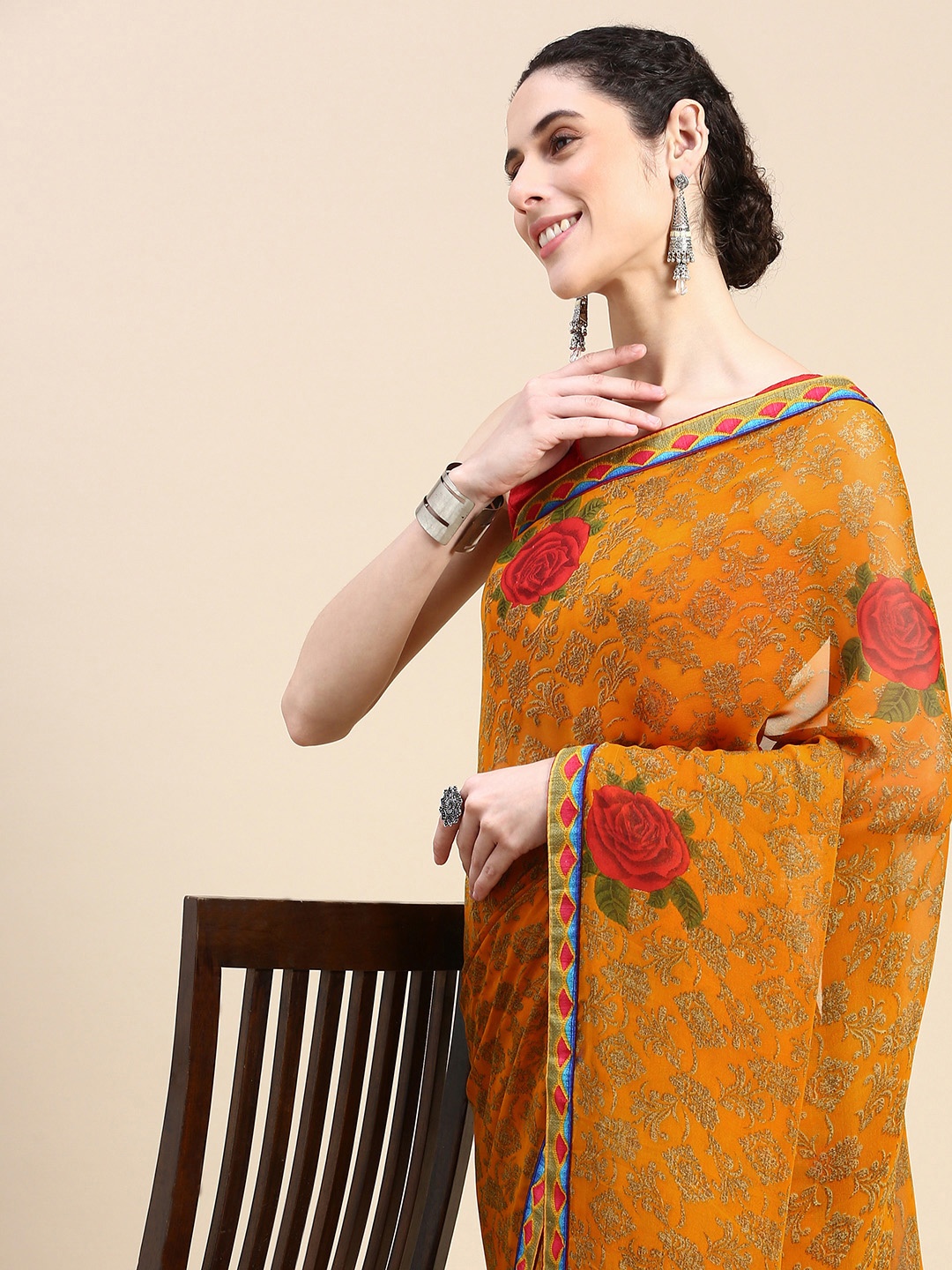 

HERE&NOW Floral Printed Zari Pure Georgette Saree, Mustard