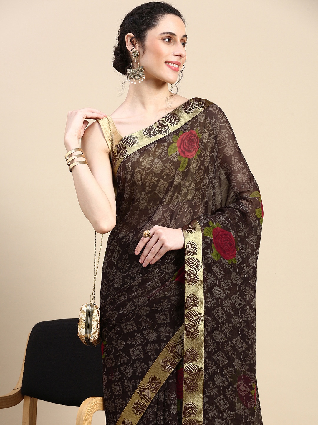 

HERE&NOW Floral Printed Zari Pure Georgette Saree, Grey
