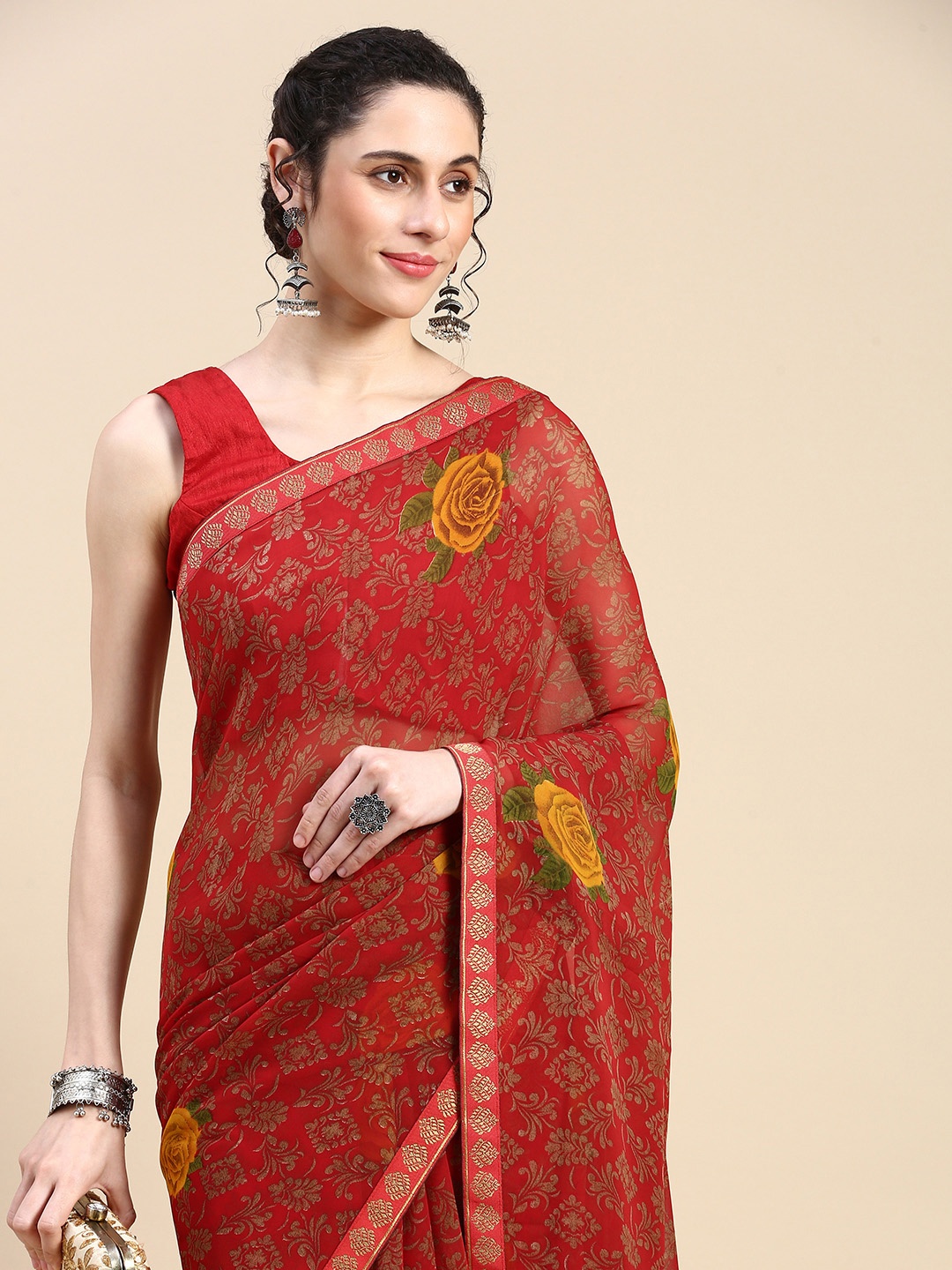 

HERE&NOW Ethnic Motifs Printed Pure Georgette Saree, Red