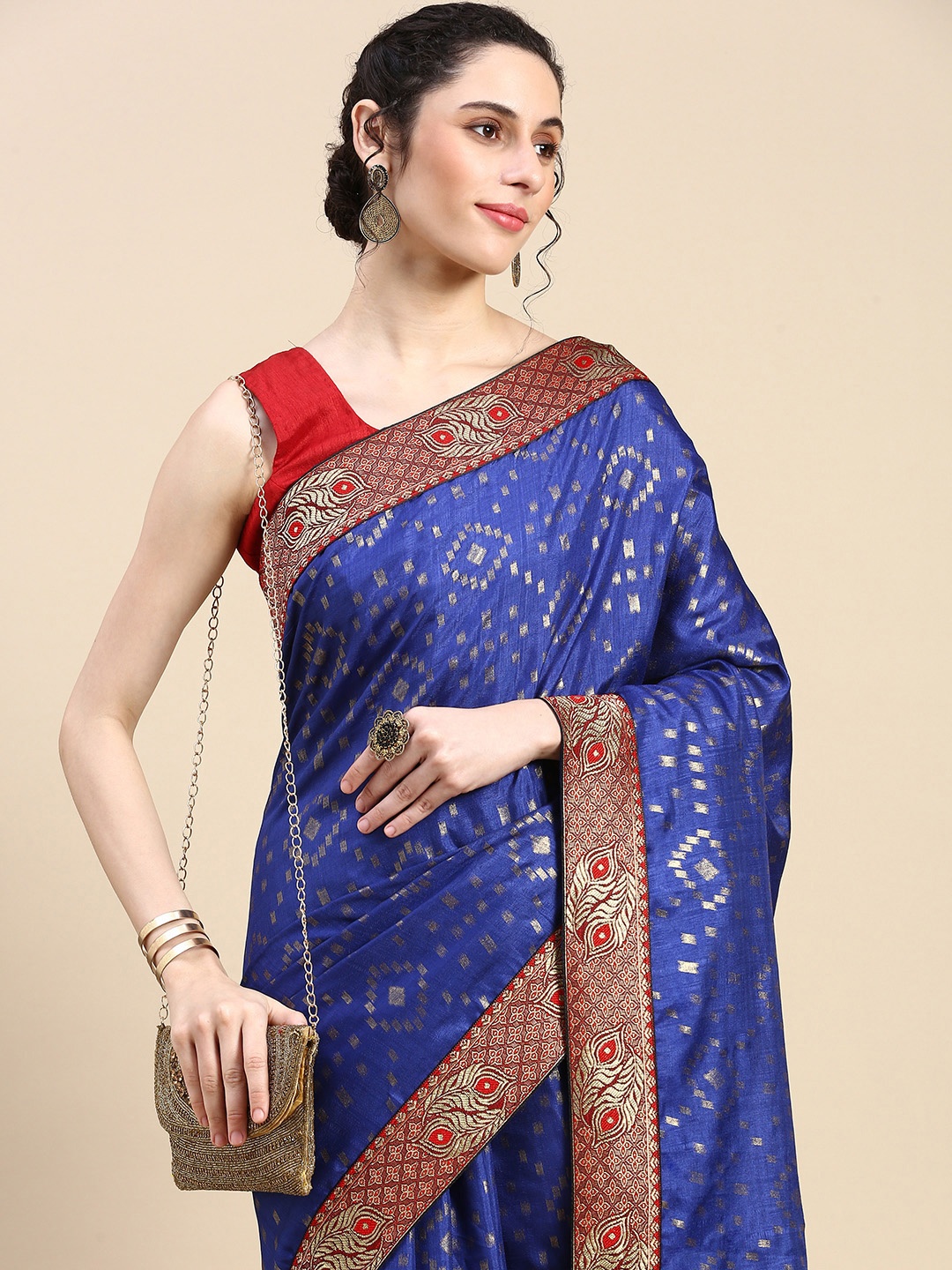 

HERE&NOW Geometric Printed Zari Saree, Navy blue