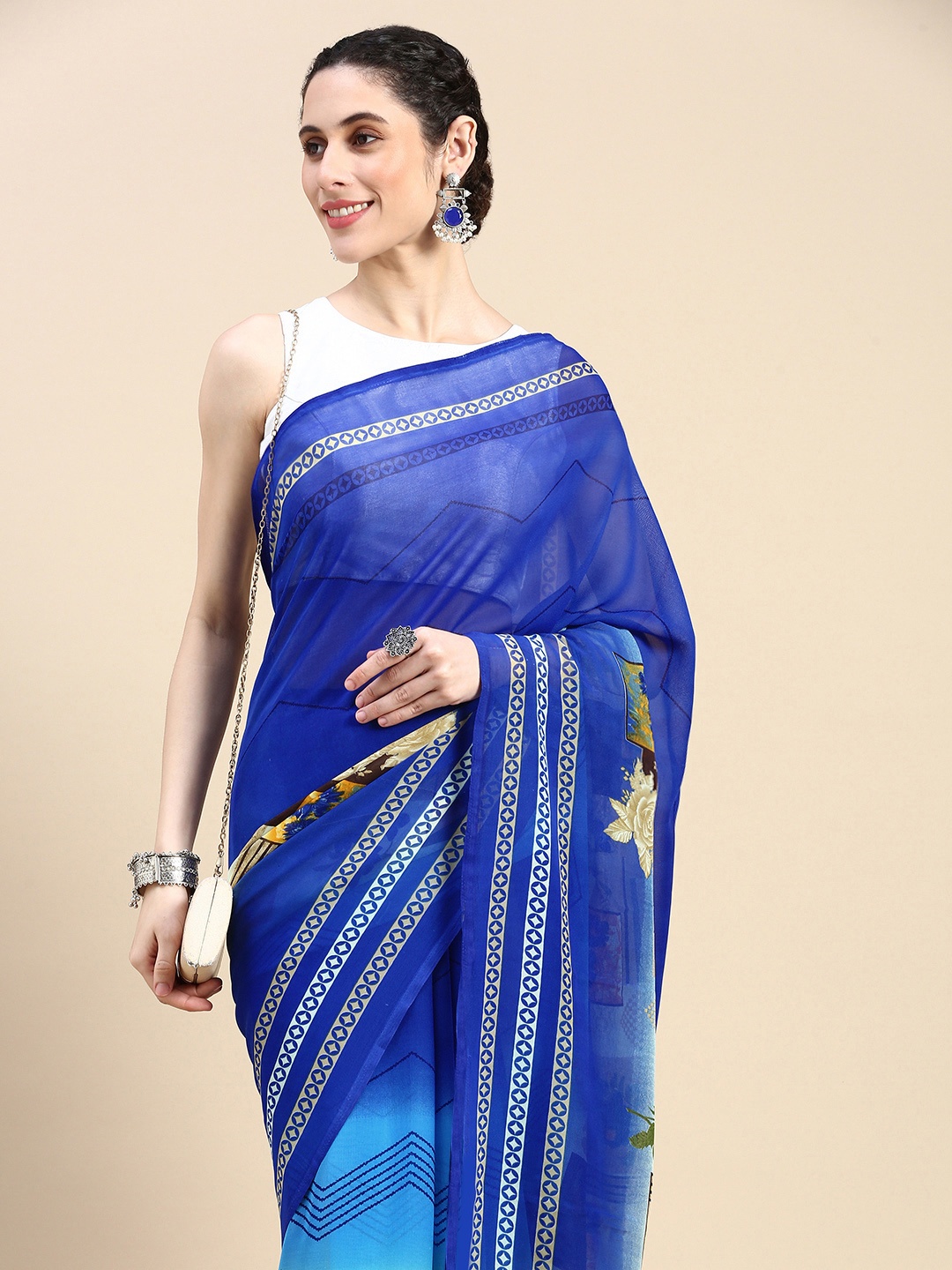 

HERE&NOW Abstract Printed Pure Georgette Saree, Blue