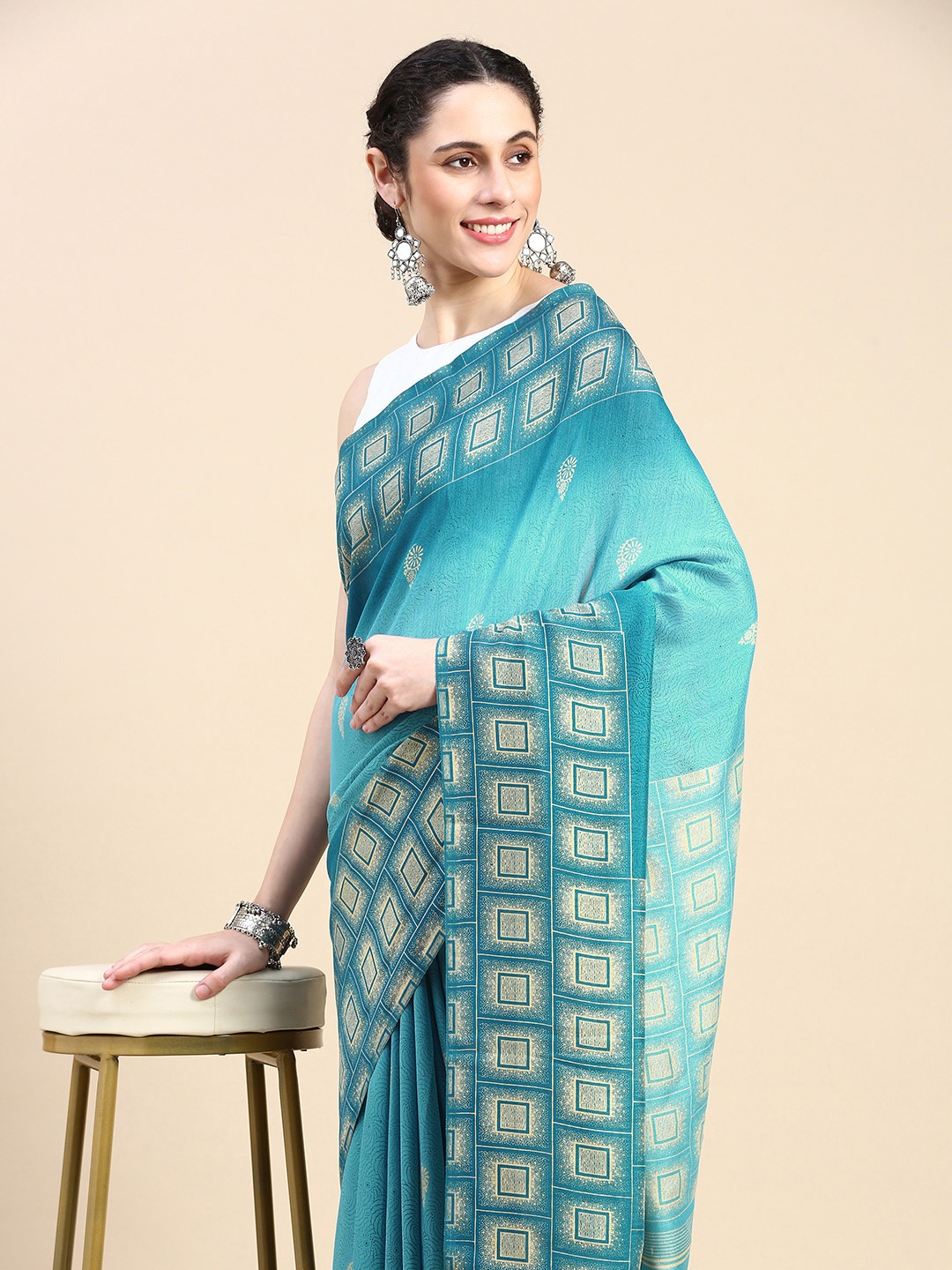 

HERE&NOW Ethnic Motifs Printed Pure Cotton Saree, Blue