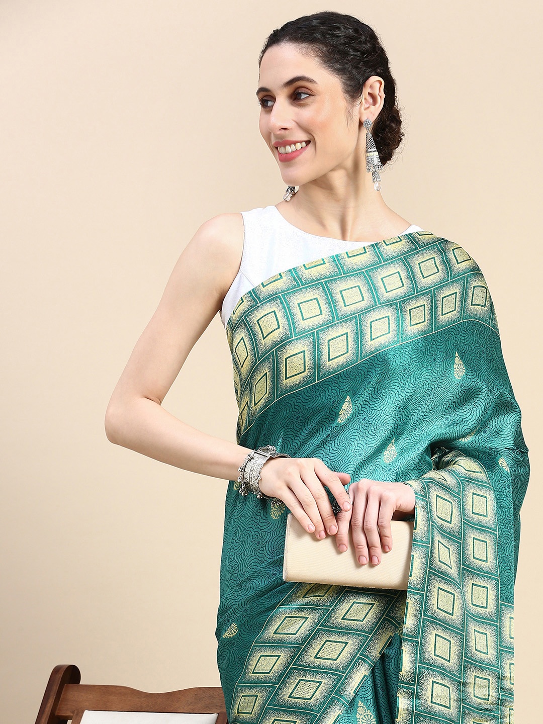 

HERE&NOW Ethnic Motifs Printed Pure Cotton Saree, Teal